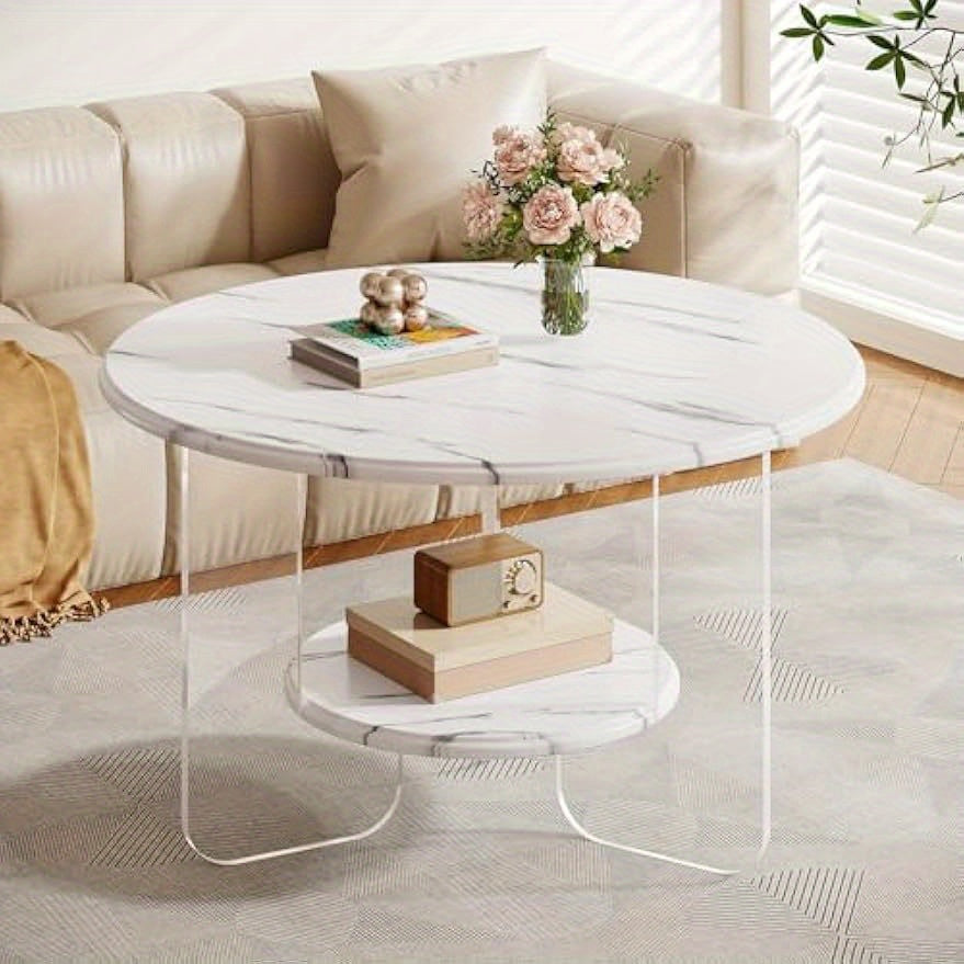 2-Tier Round Coffee Table with Acrylic Frame and High-Gloss Faux Marble White Top, 31.5" Modern Center Table with Storage, Circle Center Cocktail Table for Living Room, Reception Room