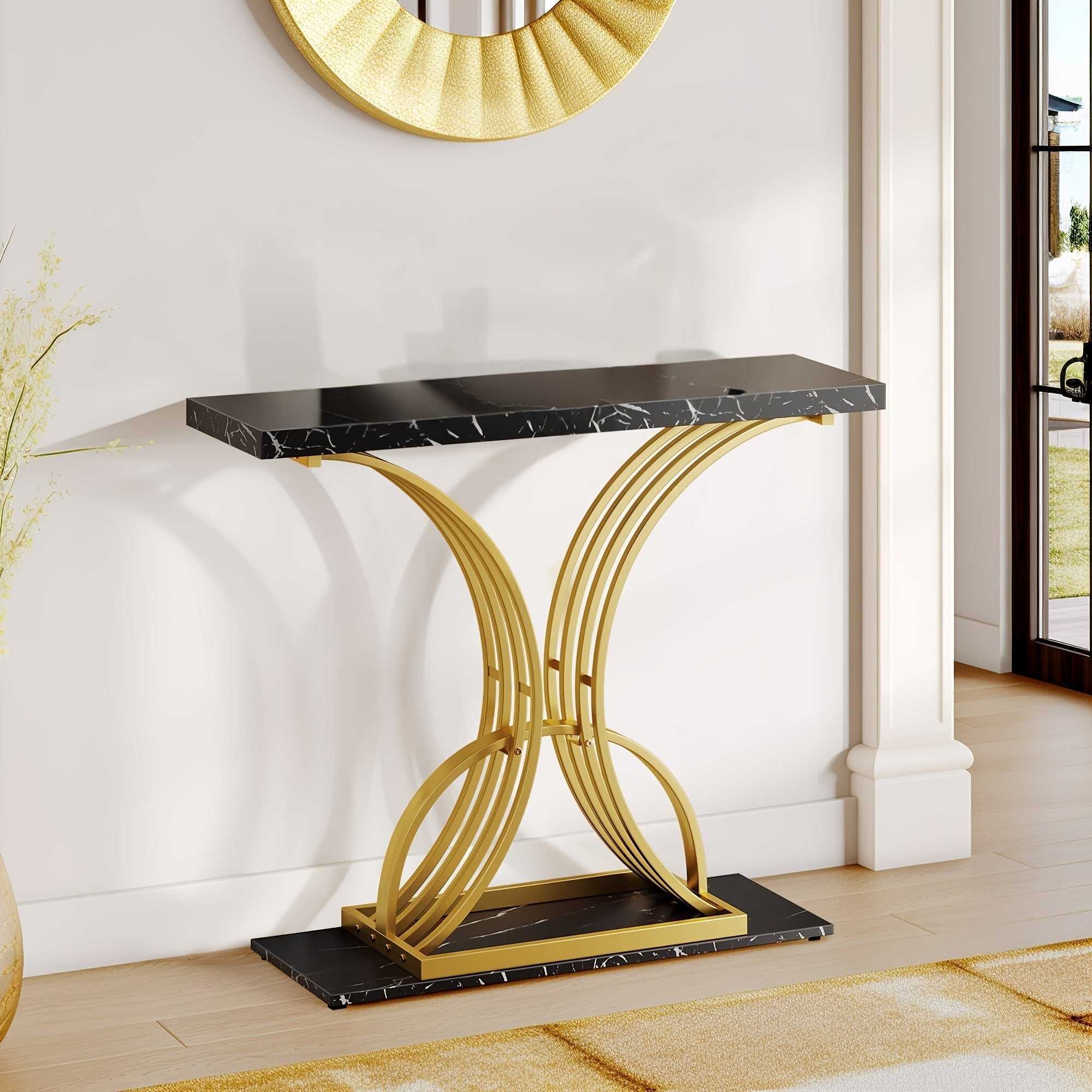 Sleek Golden Accent Console Table with Marble-Like Top for Entryway (120 cm)