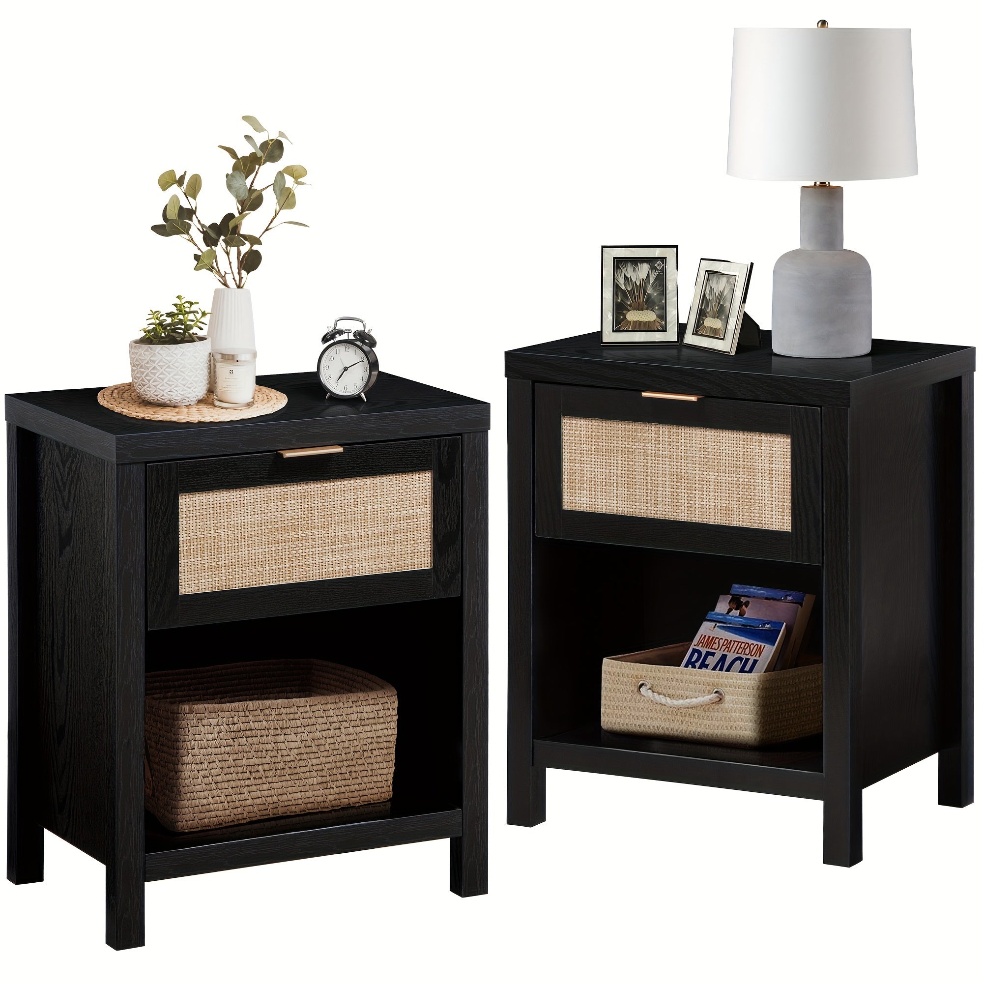 Nightstand, Bedside Table With Rattan Decor Drawer, Open Shelf Side Table, Night Stand For Bedroom, Living Room, Natural