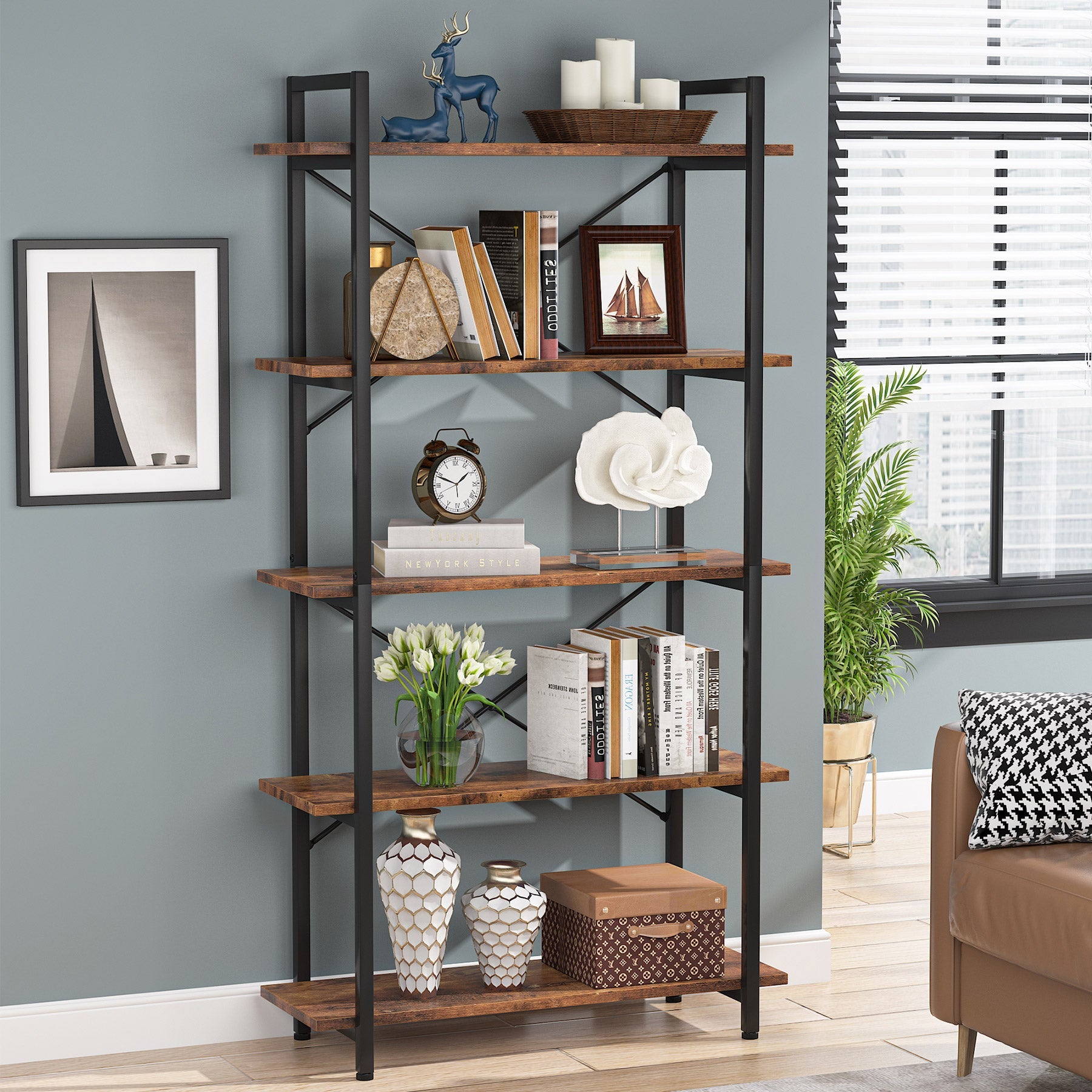 5-Tier Bookshelf, Industrial Etagere Bookcase Display Shelf Unit (in cm)