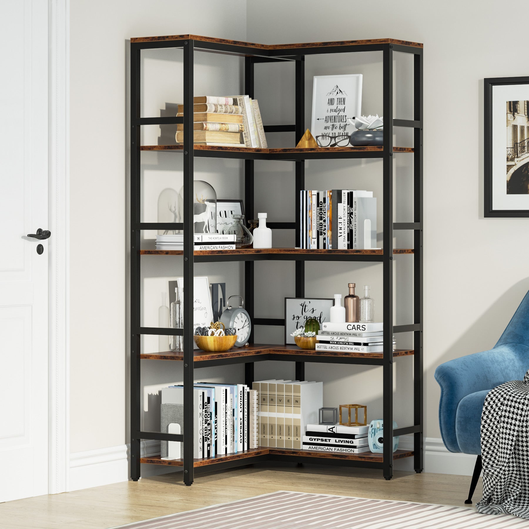 Industrial Corner Bookshelf, 5-Tier/7-Tier Bookcase Etagere Display Rack (in cm)