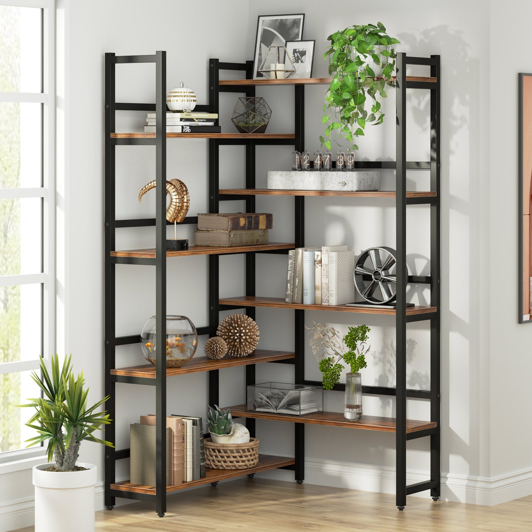 180 cm Corner Bookshelf, 8-Tier Industrial Bookcase Corner Display Rack