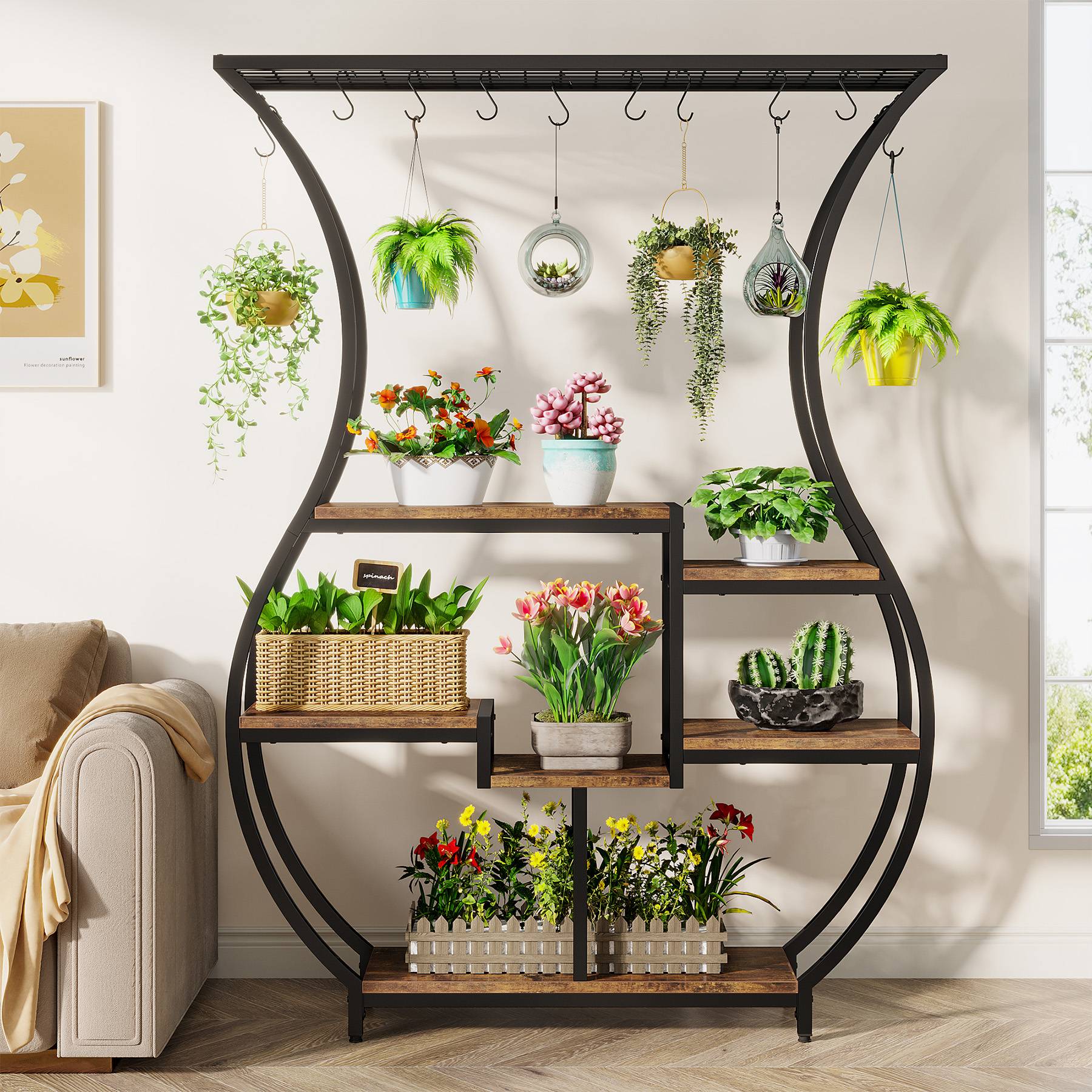 Vase-Shaped Plant Stand, 6-Tier Plant Display Rack with 10 Hanging Hooks (in cm)