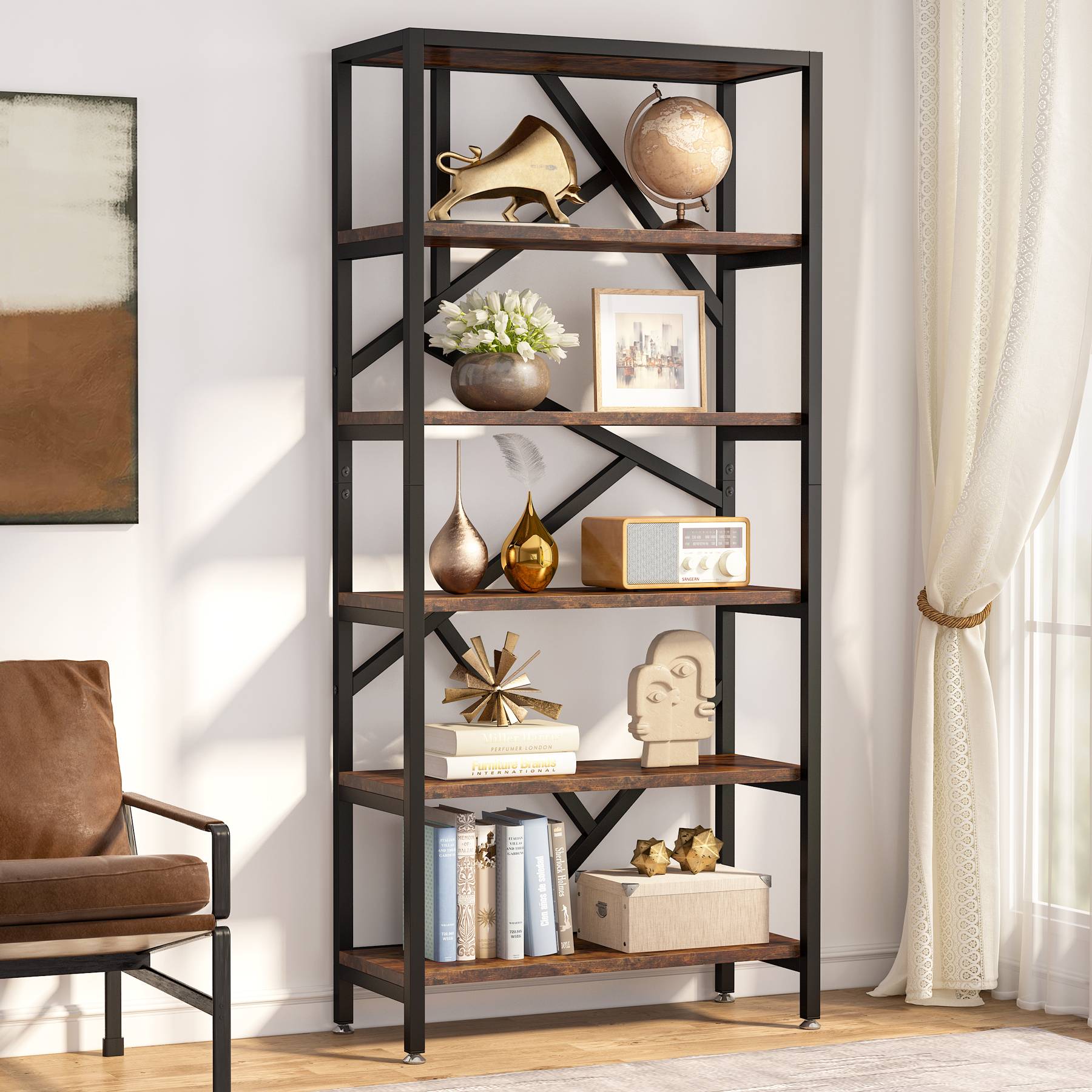 180 cm Bookshelf, Industrial Etagere Bookcase 6 Shelf Display Rack