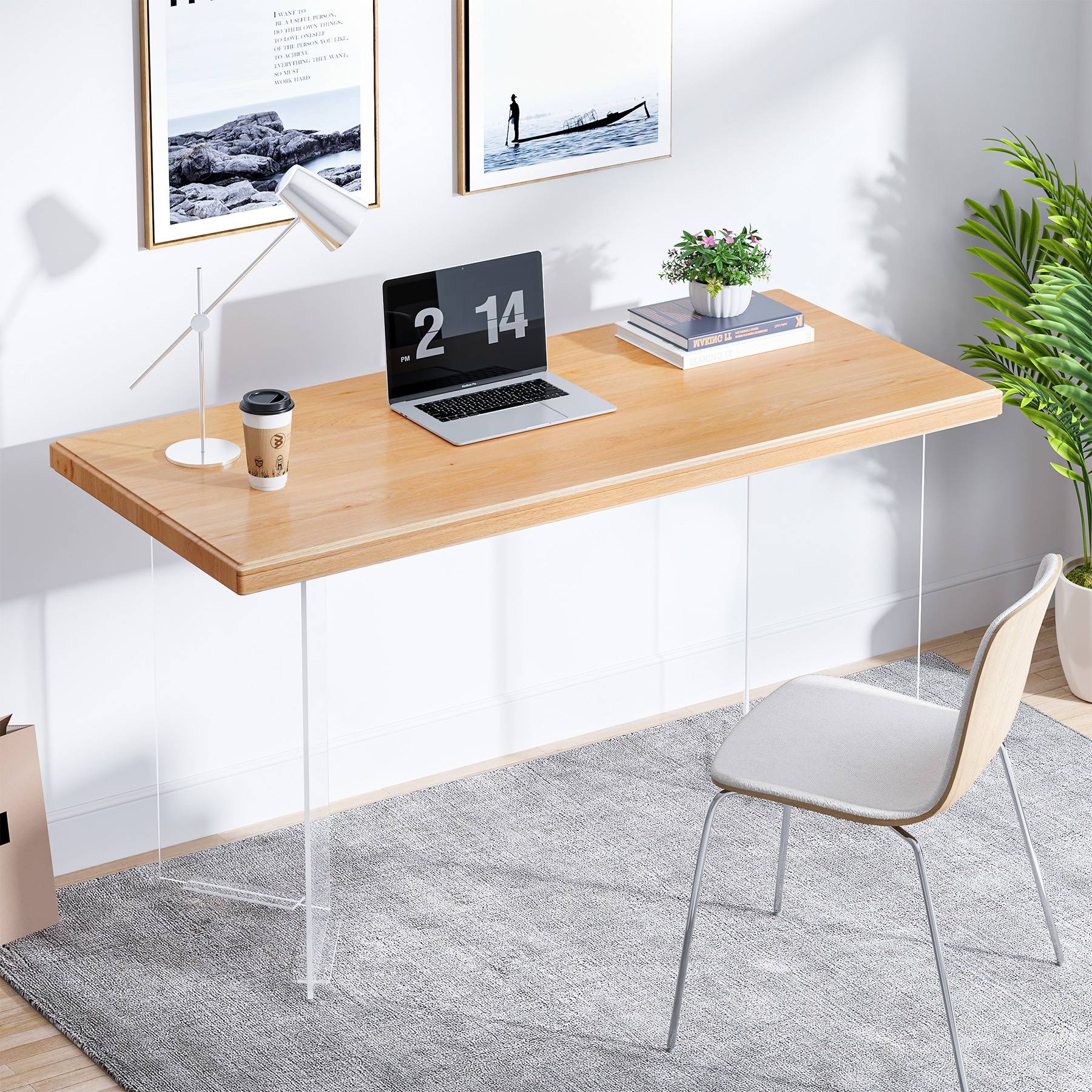 140 cm Computer Desk, Modern Study Writing Table with Acrylic Legs