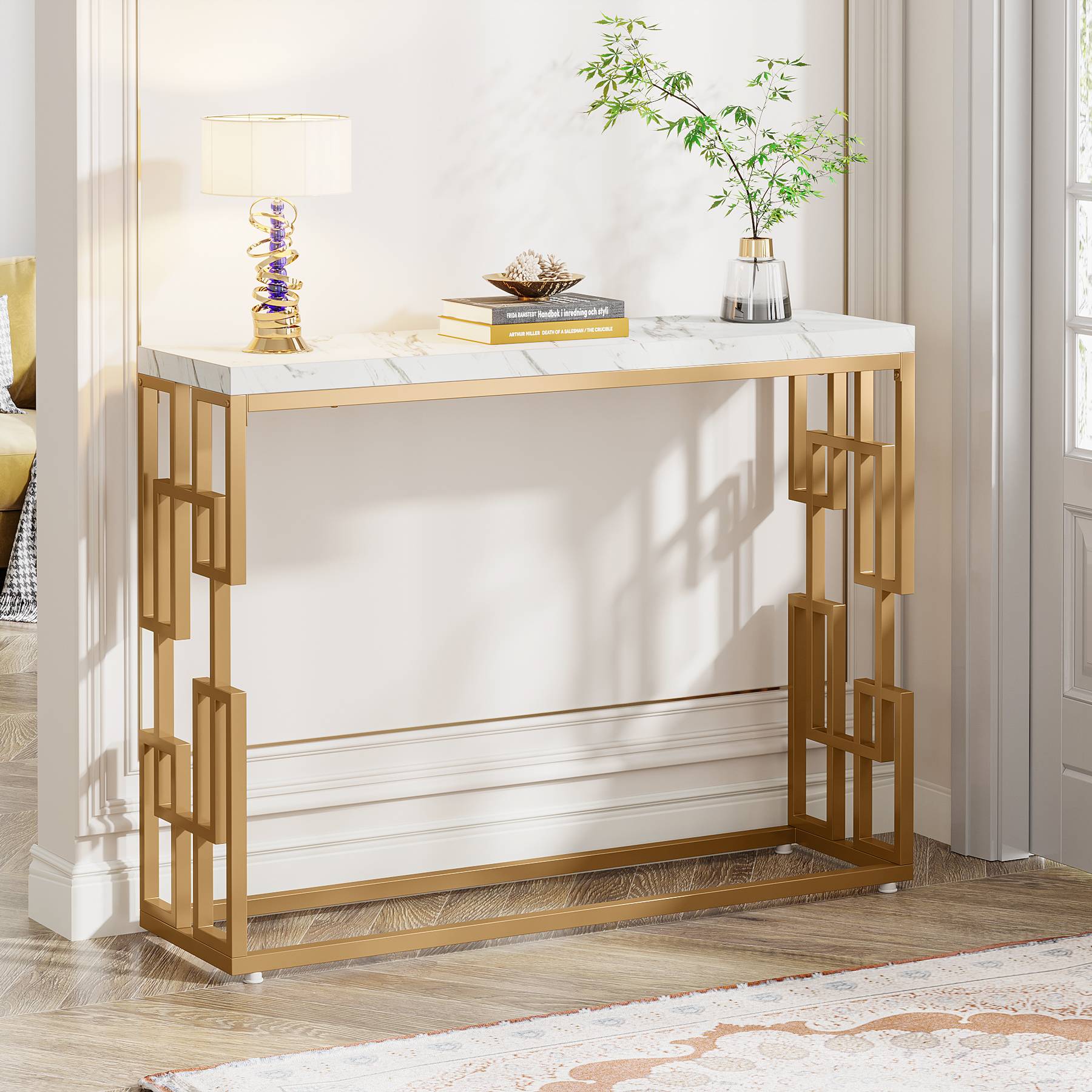 Modern Console Table, 108 cm Sofa Foyer Table with Faux Marble Tabletop