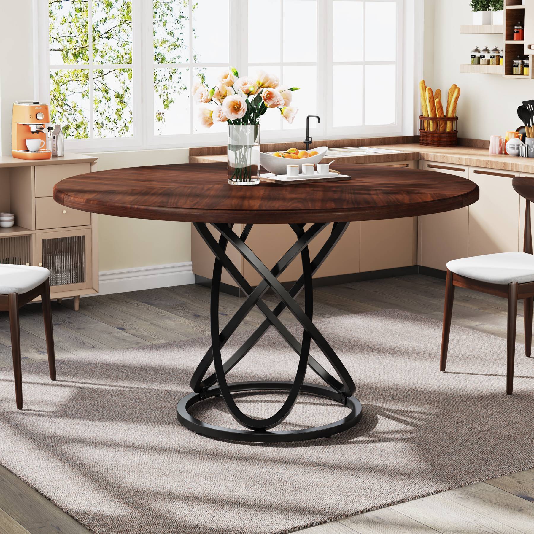 120 cm Round Dining Table, Dinner Kitchen Table with Metal Base