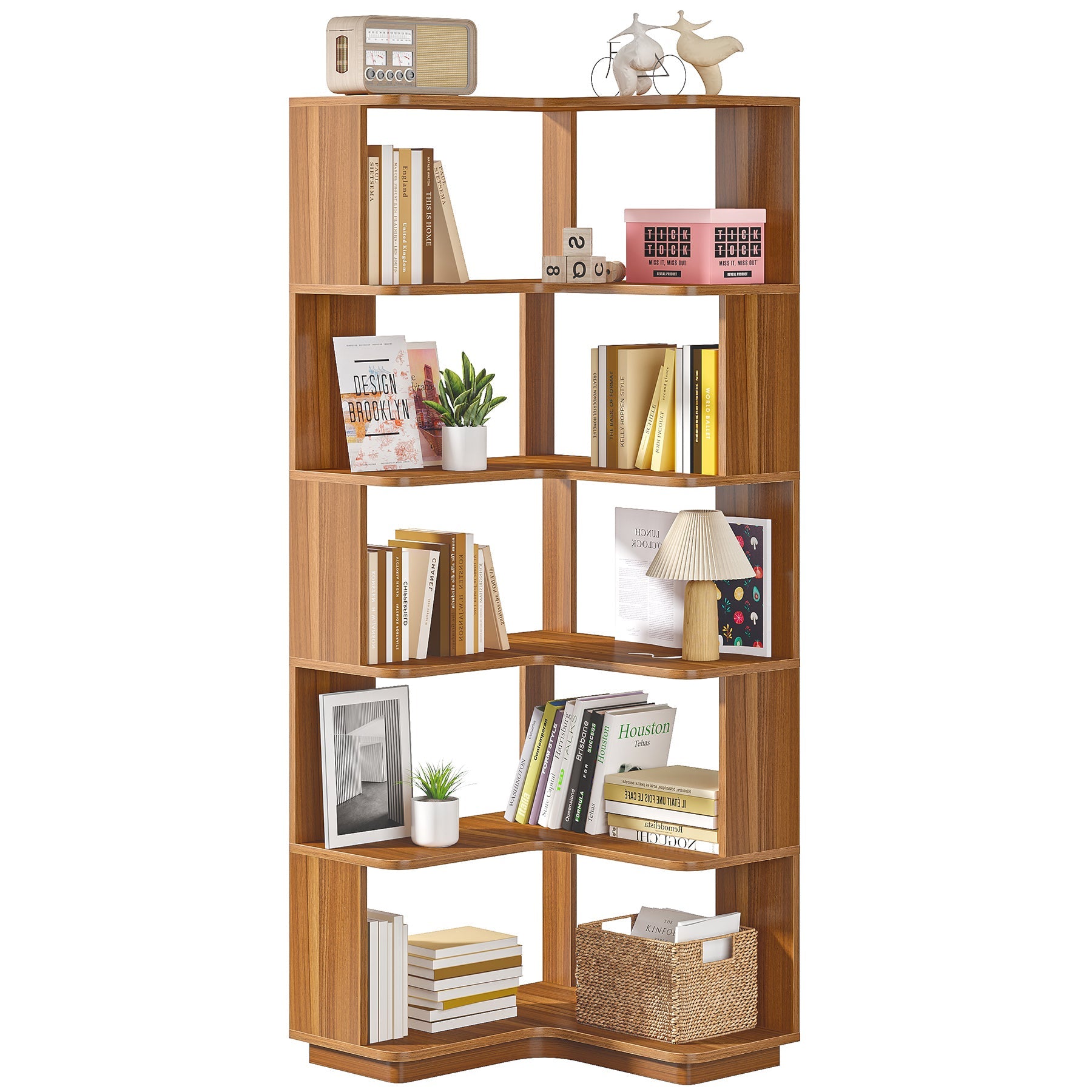 6-Tier Corner Bookshelf, 165.8 cm Corner Bookcase with Anti-Drop Panel