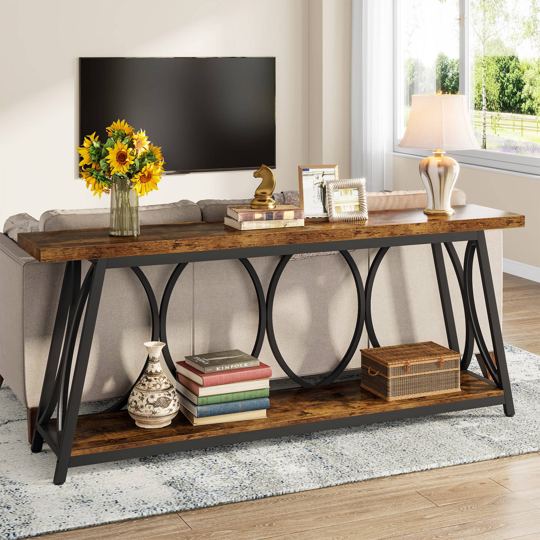 2-Tier Console Table, 180 cm Industrial Sofa Table Behind Couch with Shelves