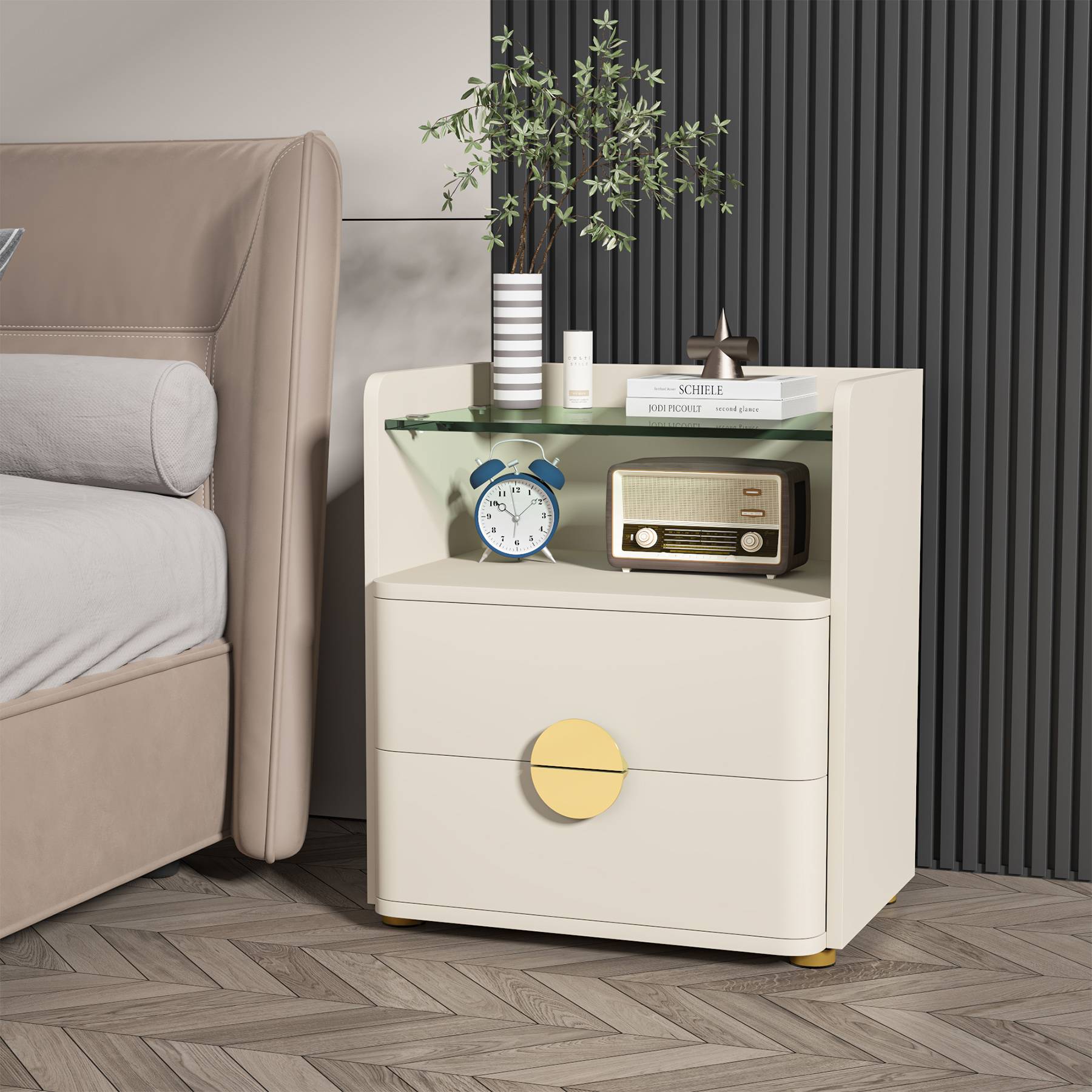 2-Drawer Nightstand, Modern Bedside Table with Open Storage (cm)