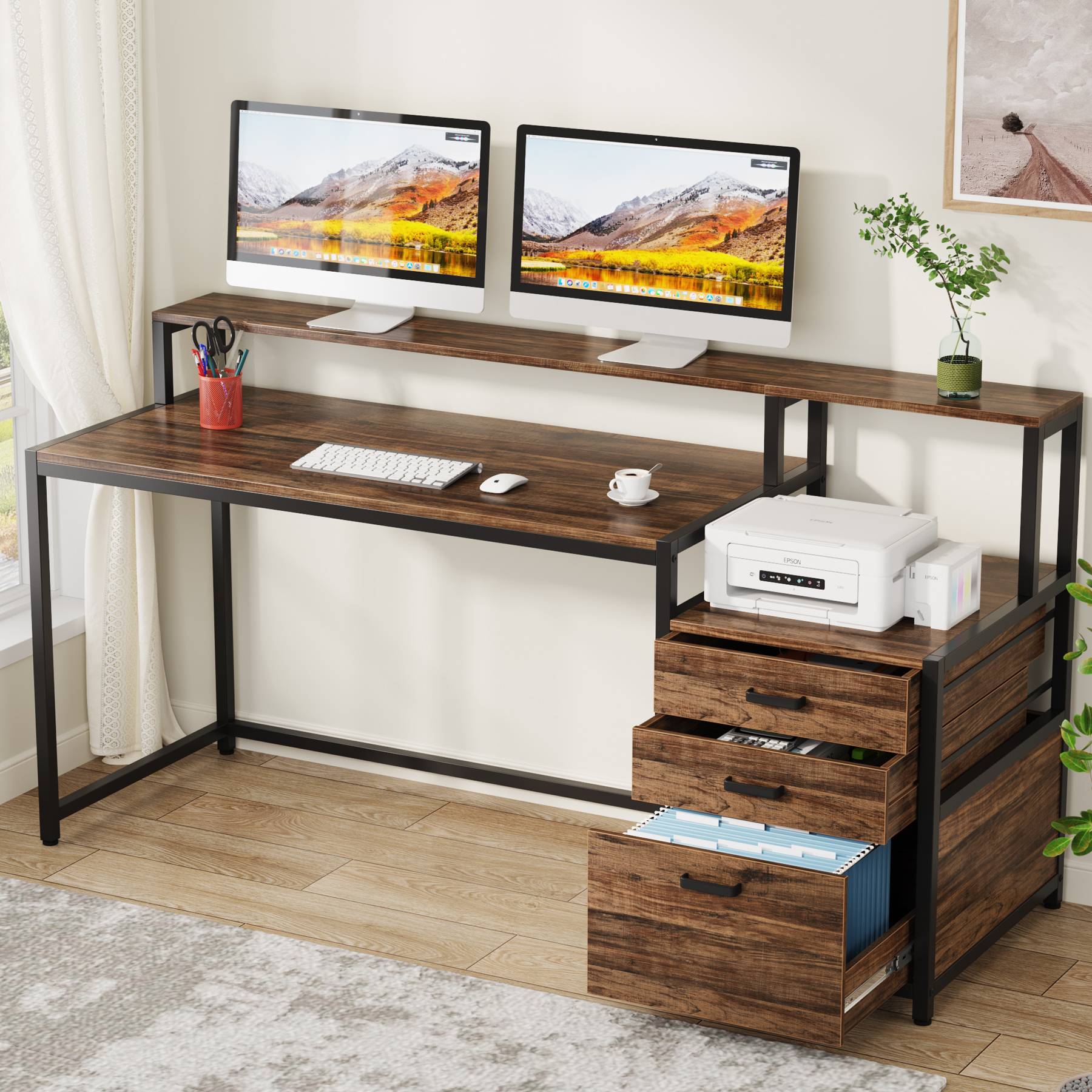 160 cm Computer Desk, Ergonomic Office Desk with Drawers & Monitor Stand