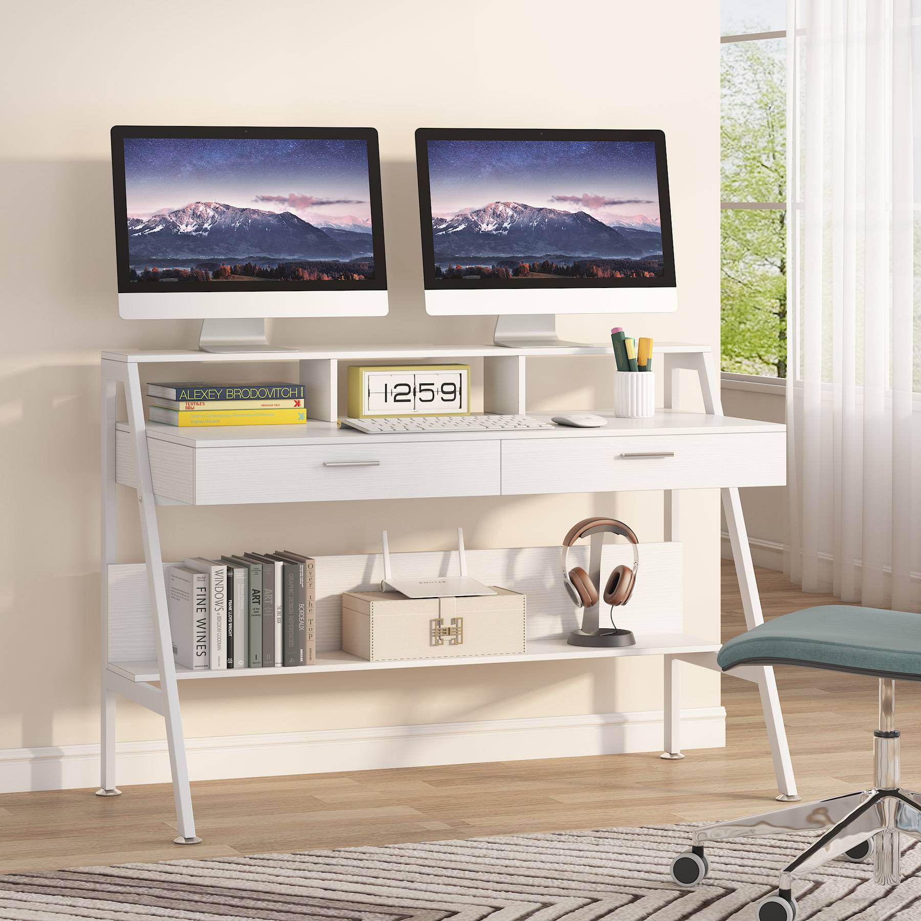 White Computer Desk, 120 cm Writing Desk with Storage Shelf & Drawers