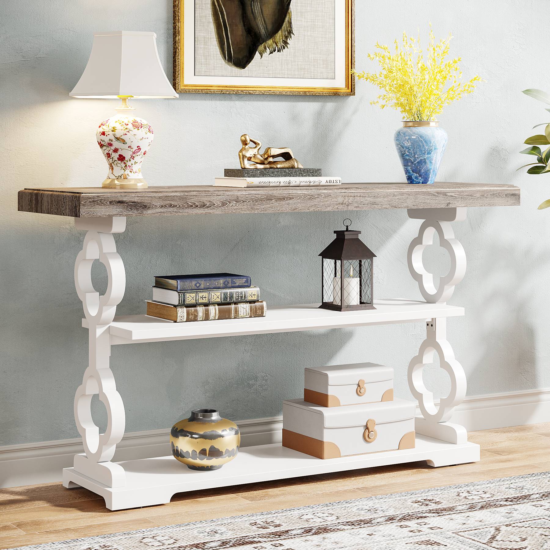 Farmhouse Console Table, 140 cm Entryway Sofa Table with Storage Shelves