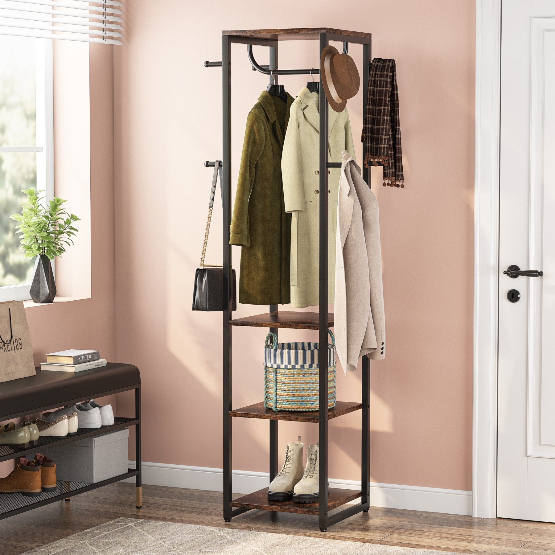 Freestanding Coat Rack, Industrial Corner Hall Tree with 10.16 cm Shelves and 8 Hooks