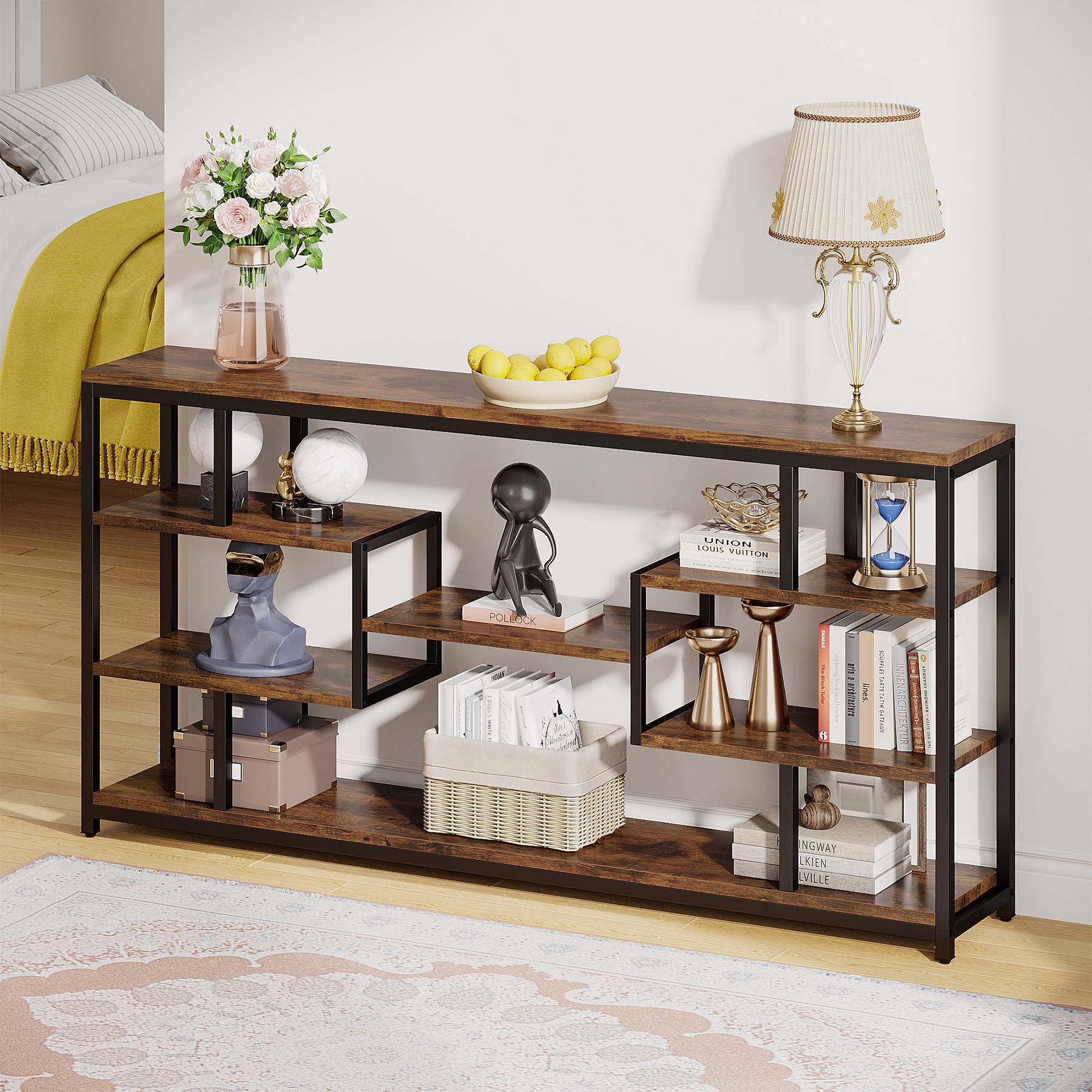 180 cm Console Table, Narrow Sofa Entryway Table with Open Storage Shelves