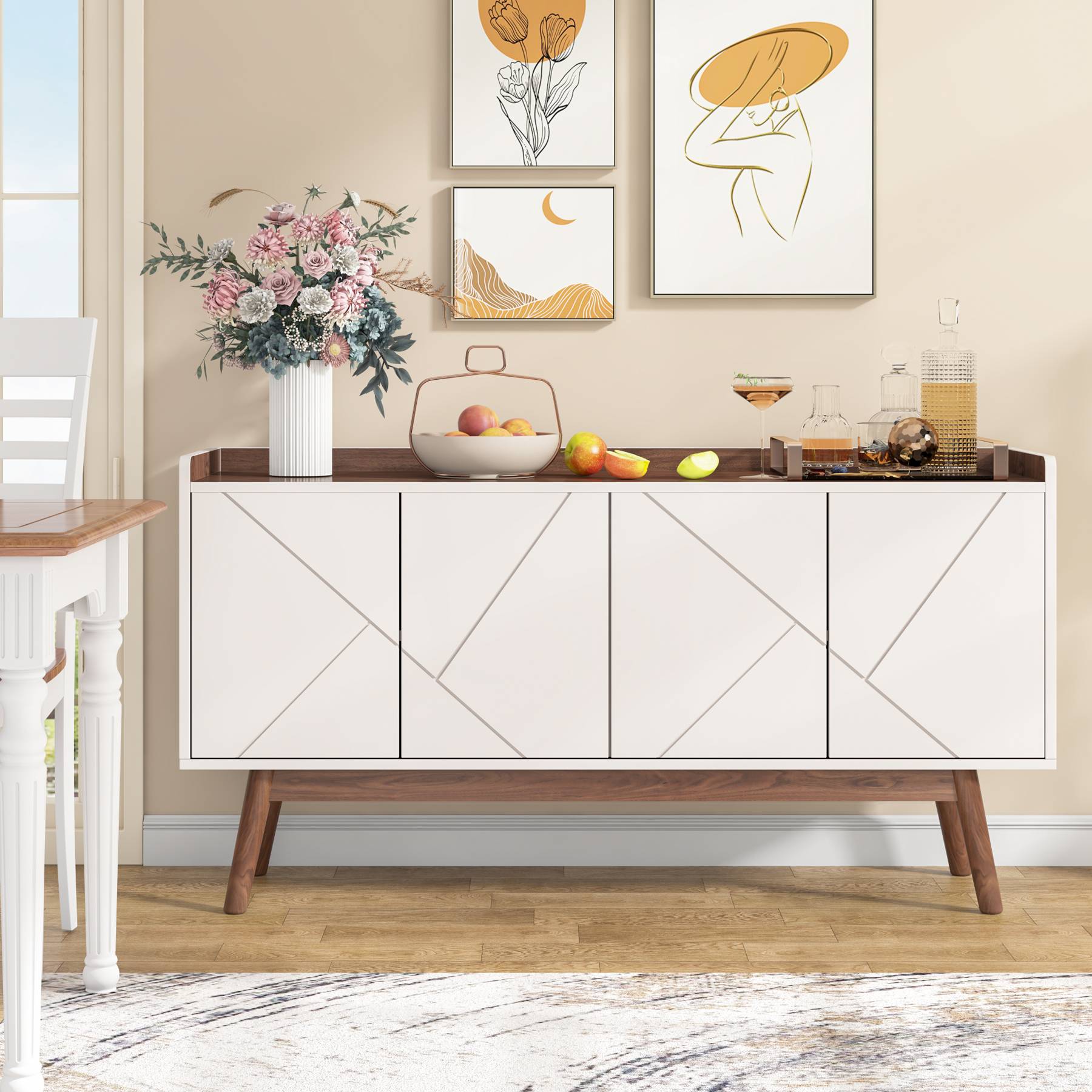 140 cm Sideboard Buffet, Wood Credenza Kitchen Buffet Cabinet with Doors