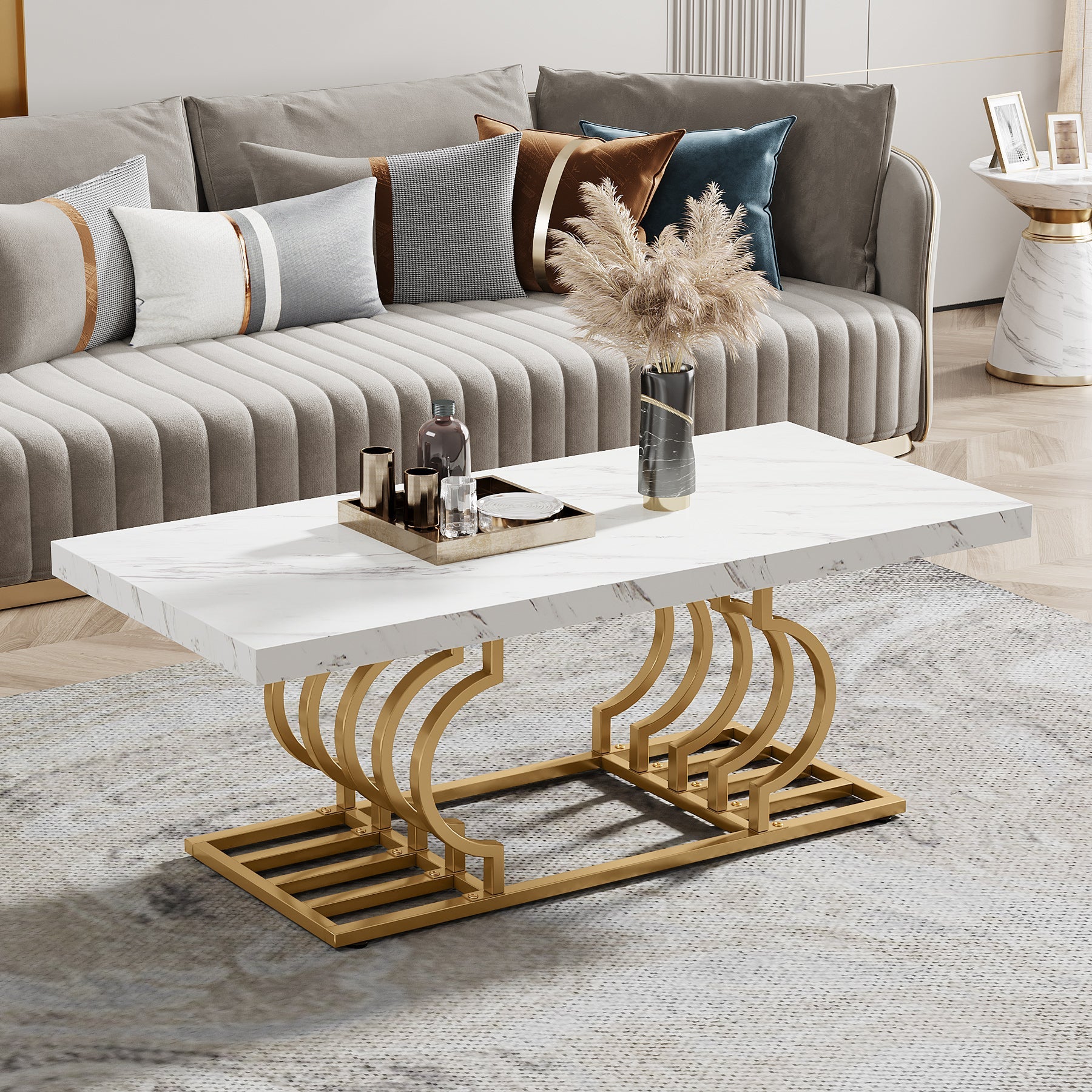 Rectangular Coffee Table, 120 cm Faux Marble Cocktail Table with Geometric Frame