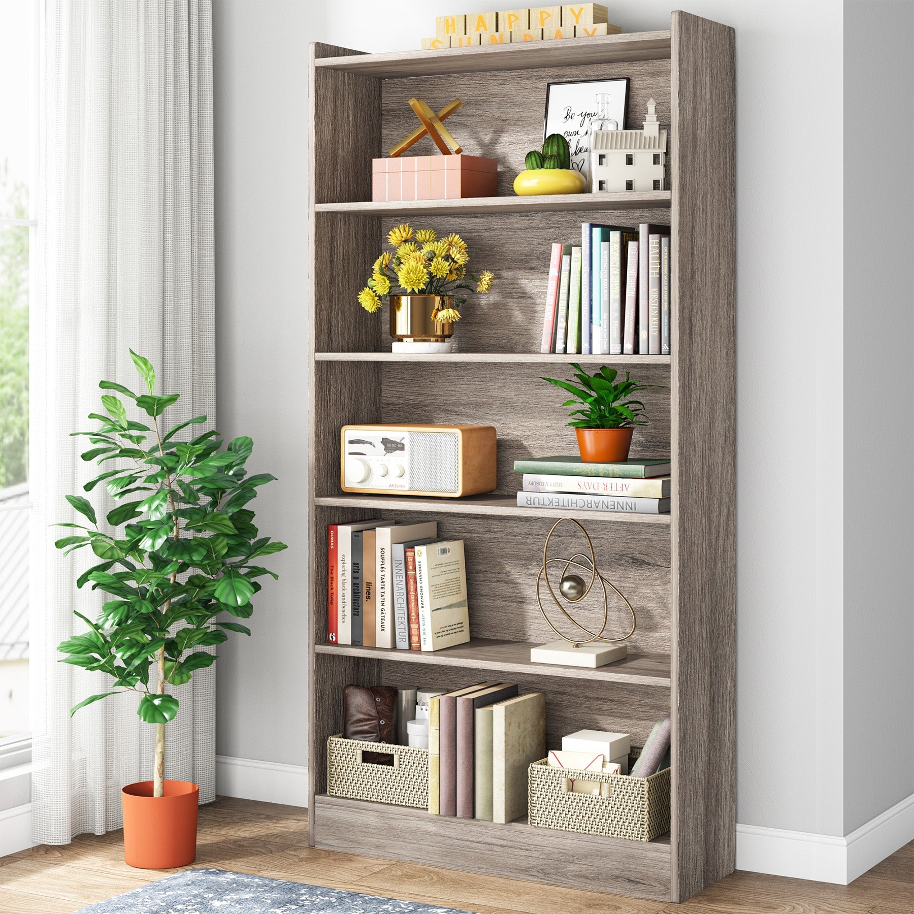 Wood Bookcase, 183 cm Tall Bookshelf with 6-Tier Open Storage Shelves