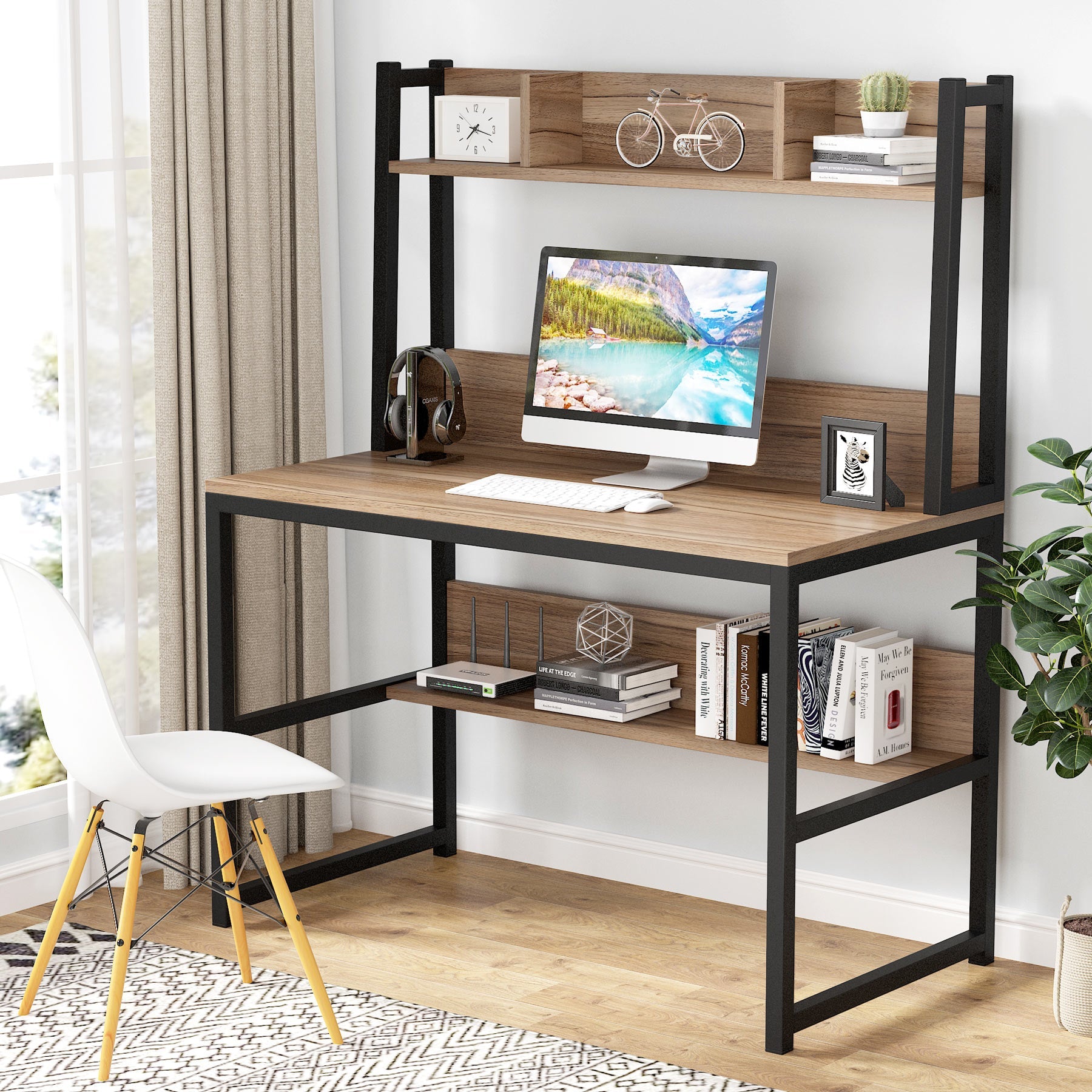 140 cm Tall Computer Desk, Home Office Desk with Hutch and Shelves