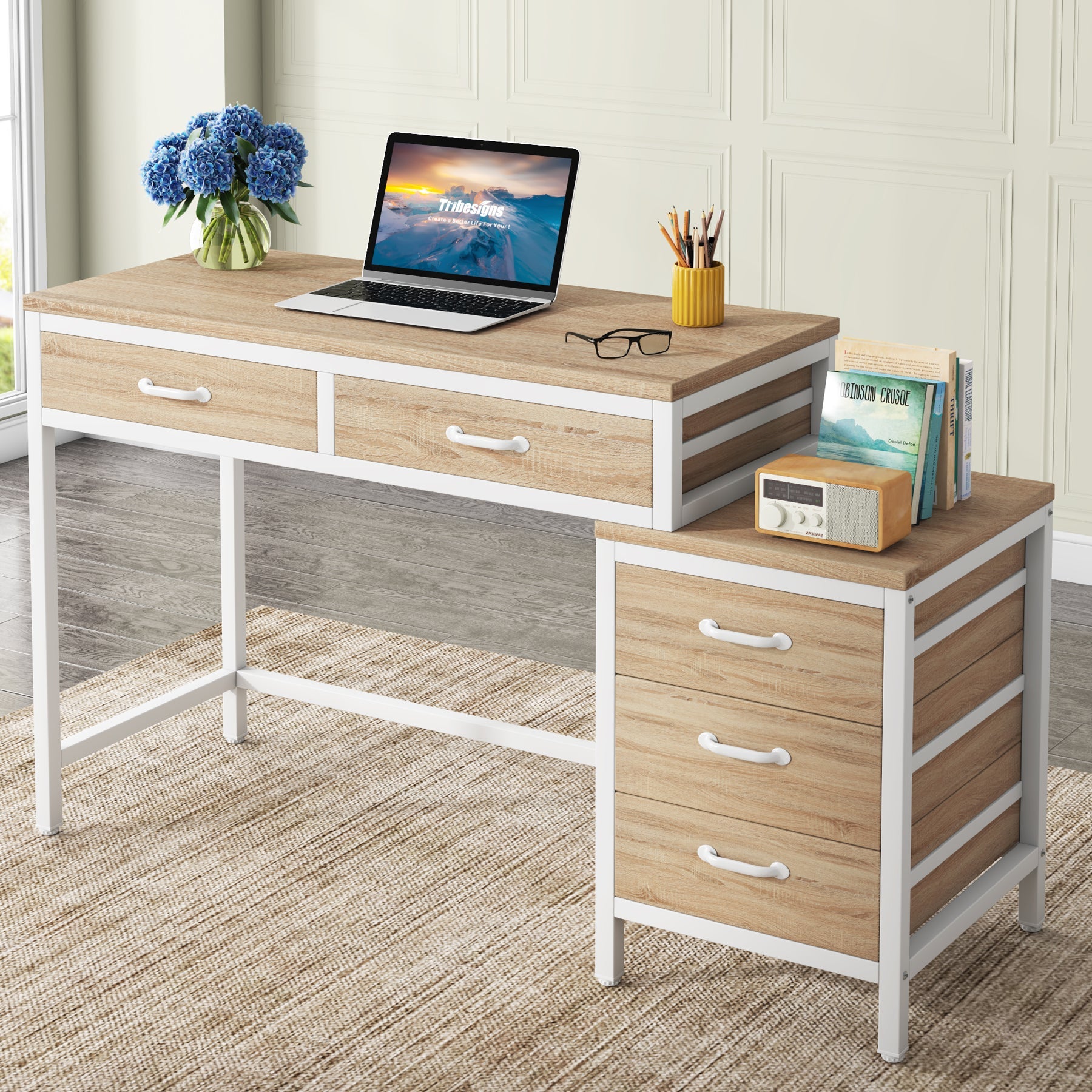 5-Drawer Computer Desk, Study Writing Table with Reversible Drawer Cabinet (Approx. 127 cm)