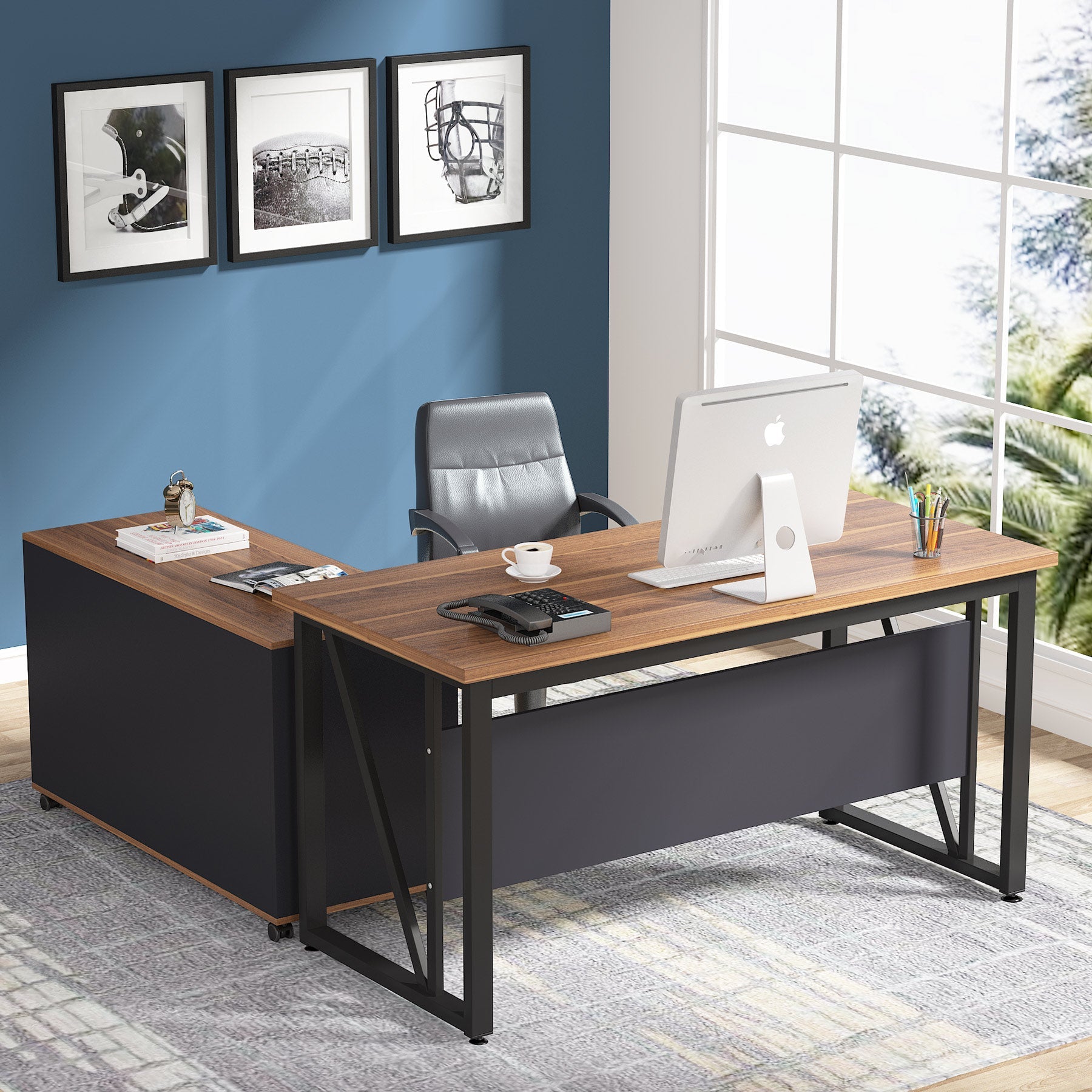 L-Shaped Computer Desk, 140 cm / 160 cm Executive Desk and Mobile File Cabinet