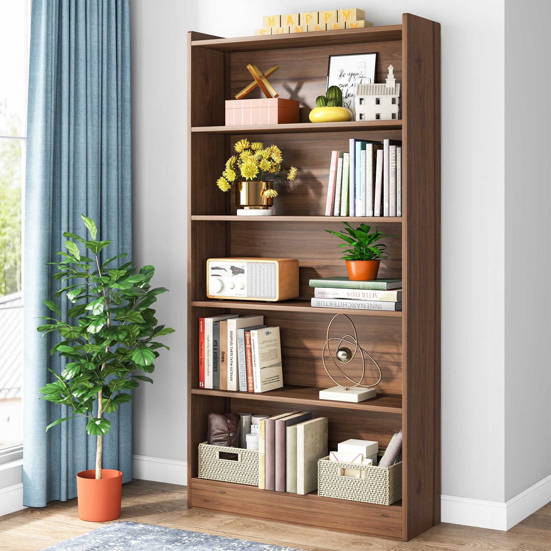 Wood Bookcase, 182.88 cm Tall Bookshelf with 6-Tier Open Storage Shelves