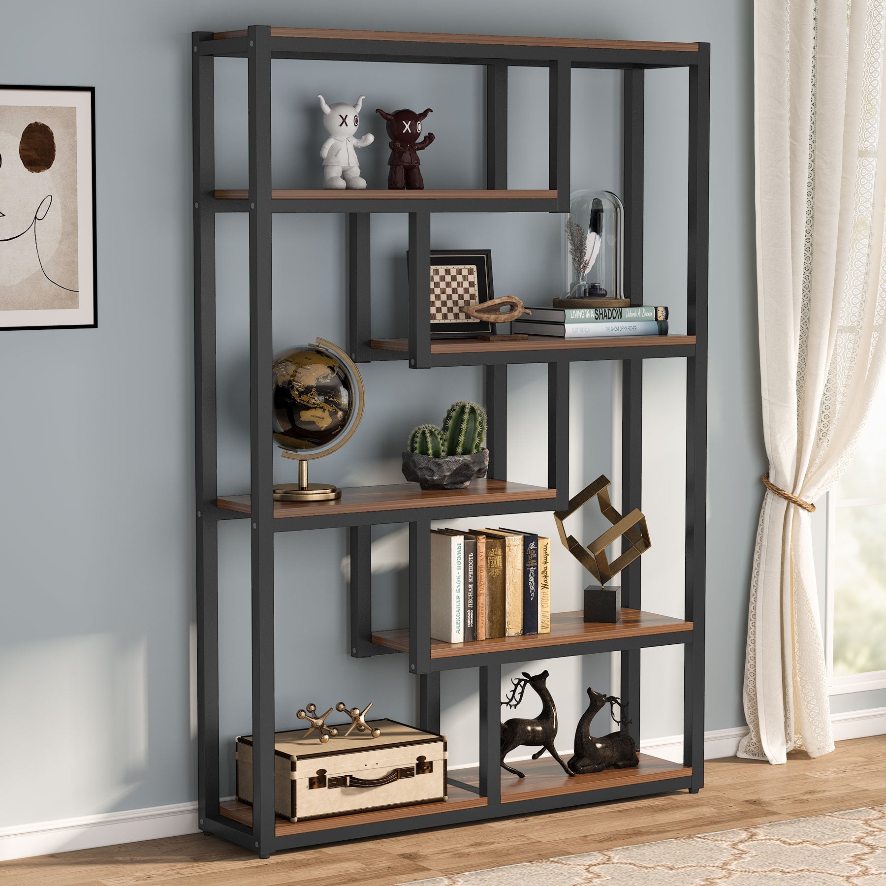 6-Tier Bookshelf, 175 cm Industrial Etagere Bookcase with Staggered Shelves