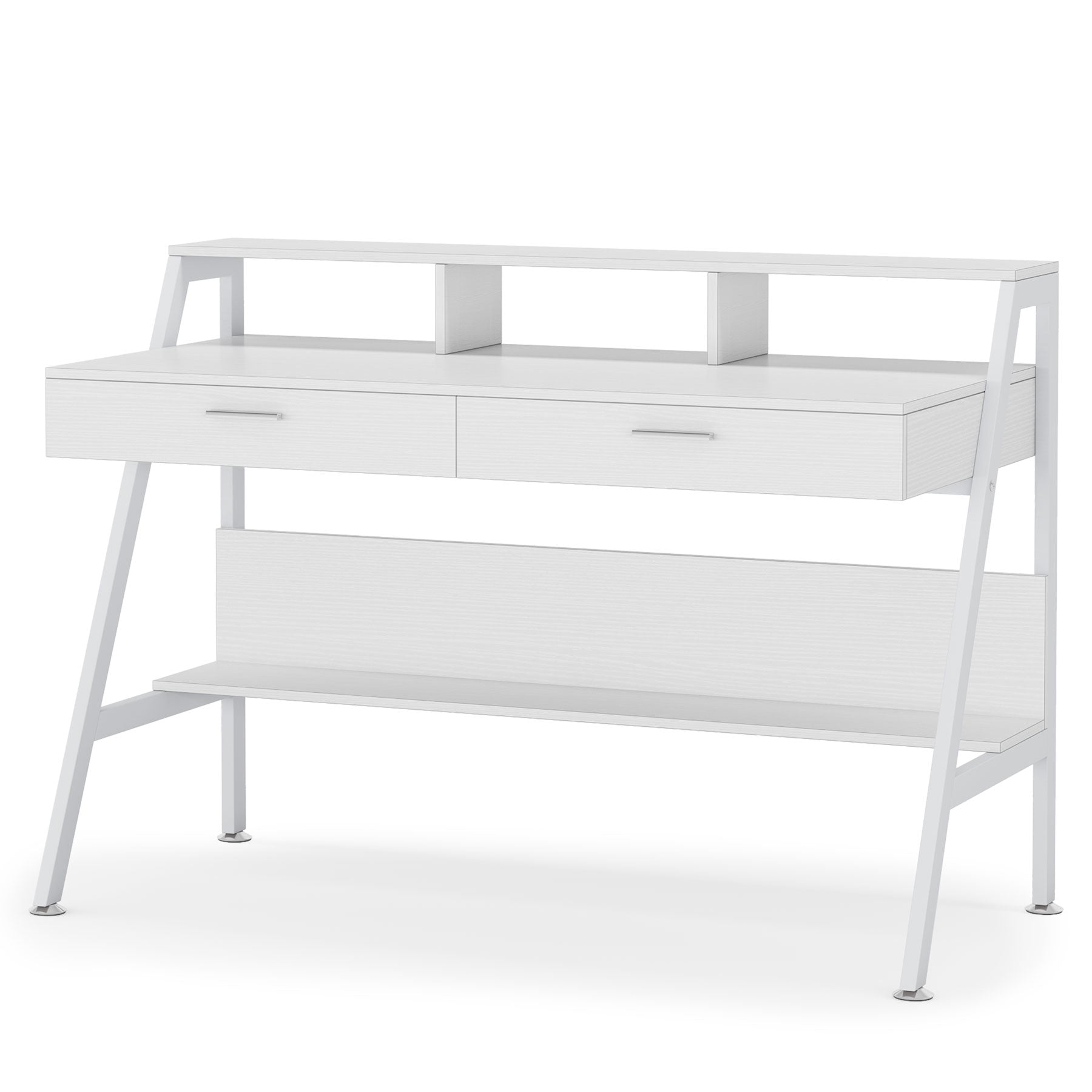 White Computer Desk, 120 cm Writing Desk with Storage Shelf & Drawers