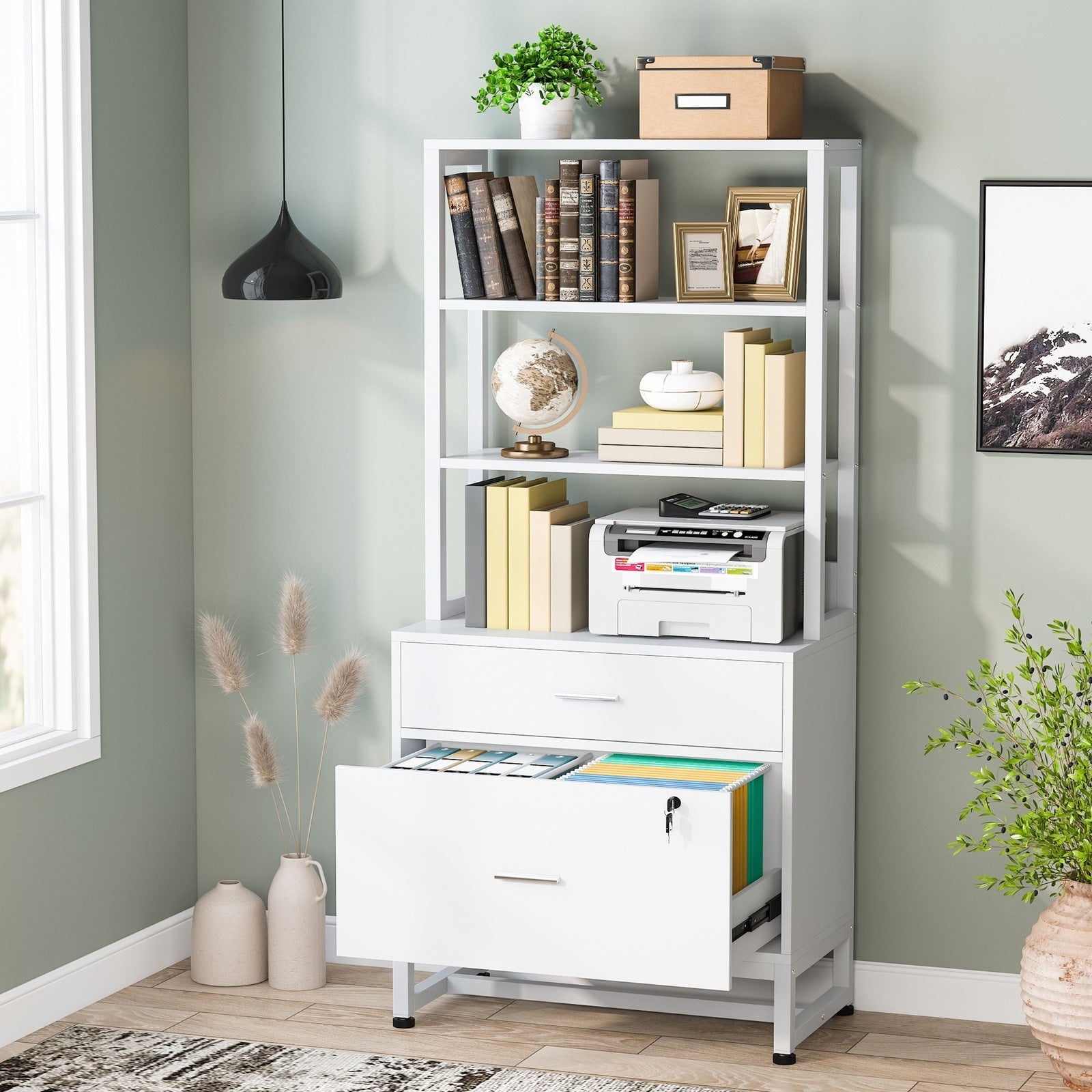 2-Drawer File Cabinet, Vertical Filing Cabinet with Lock & Bookshelf (Converted to cm)