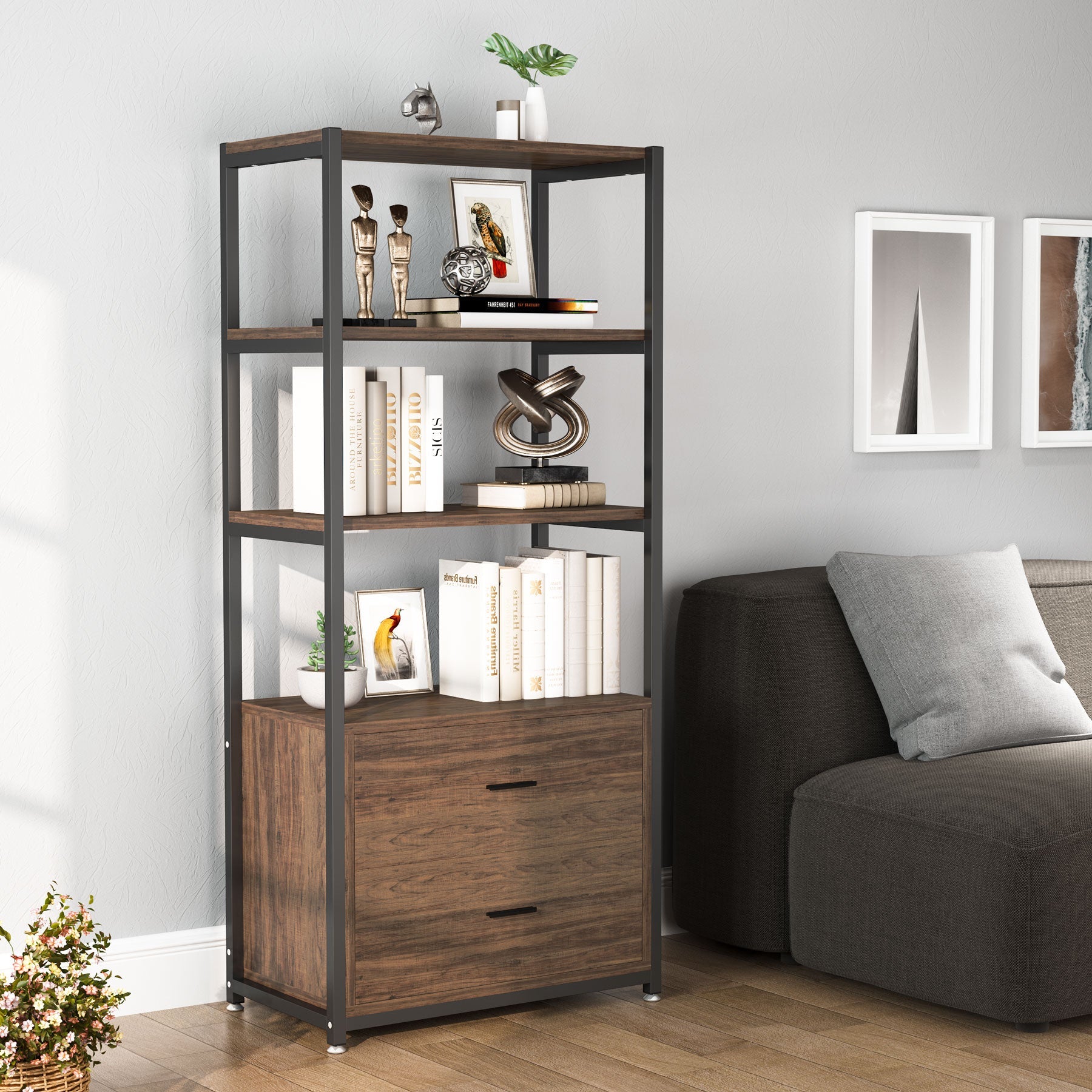 2-Drawer Bookshelf Etagere Bookcase with Open Shelves (cm)