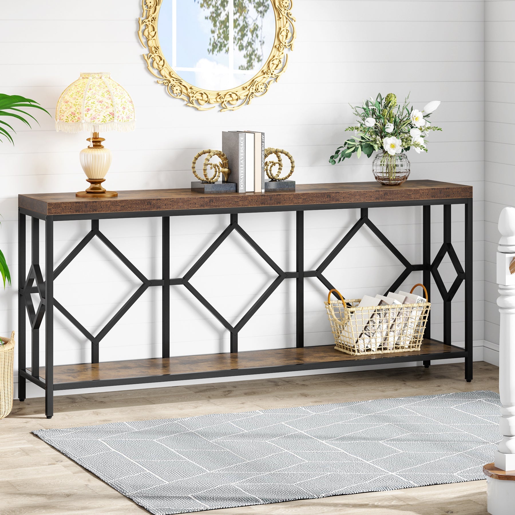 2-Tier Console Table, 180 cm Extra Long Sofa Table with Open Storage Shelf