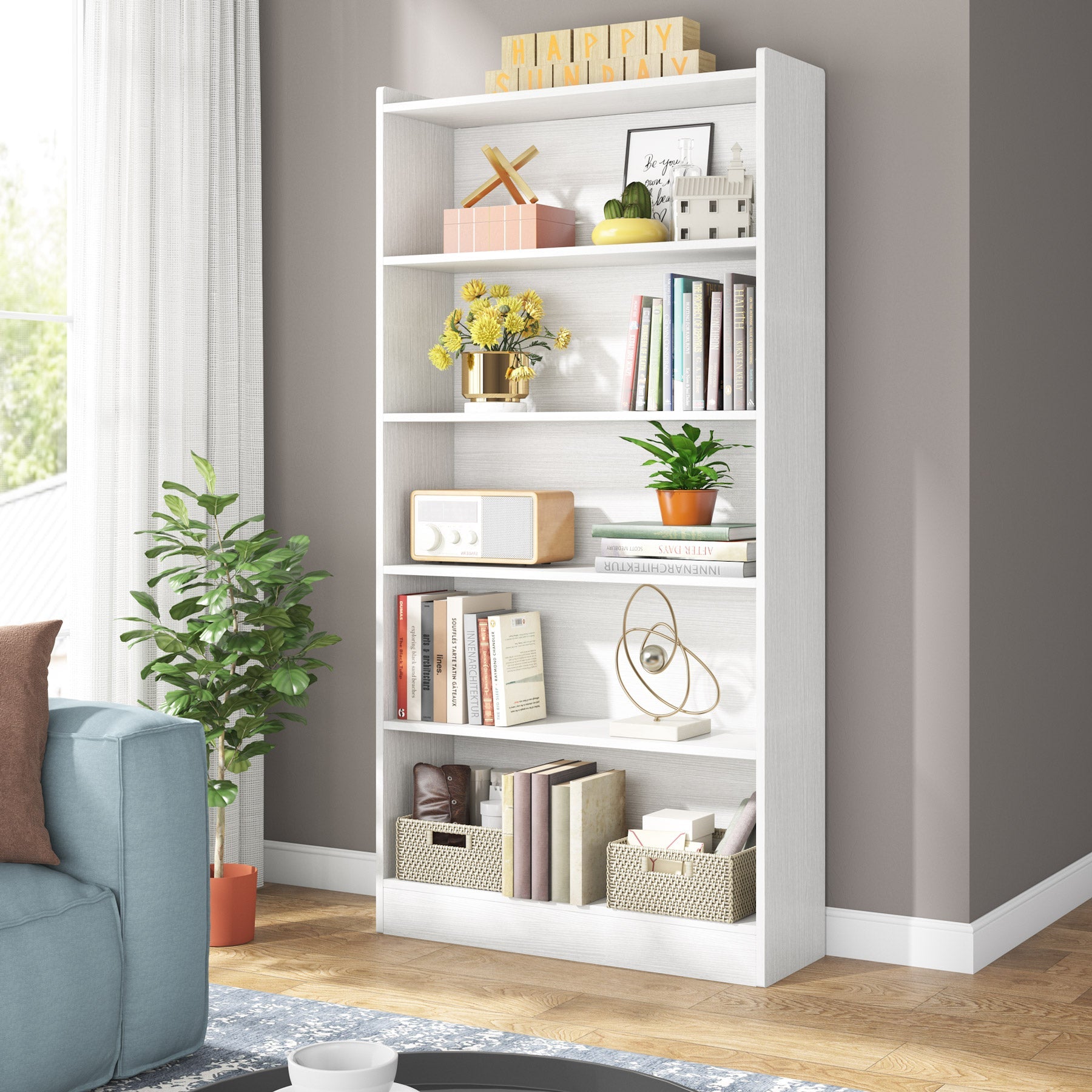 Wood Bookcase, 183 cm Tall Bookshelf with 6-Tier Open Storage Shelves