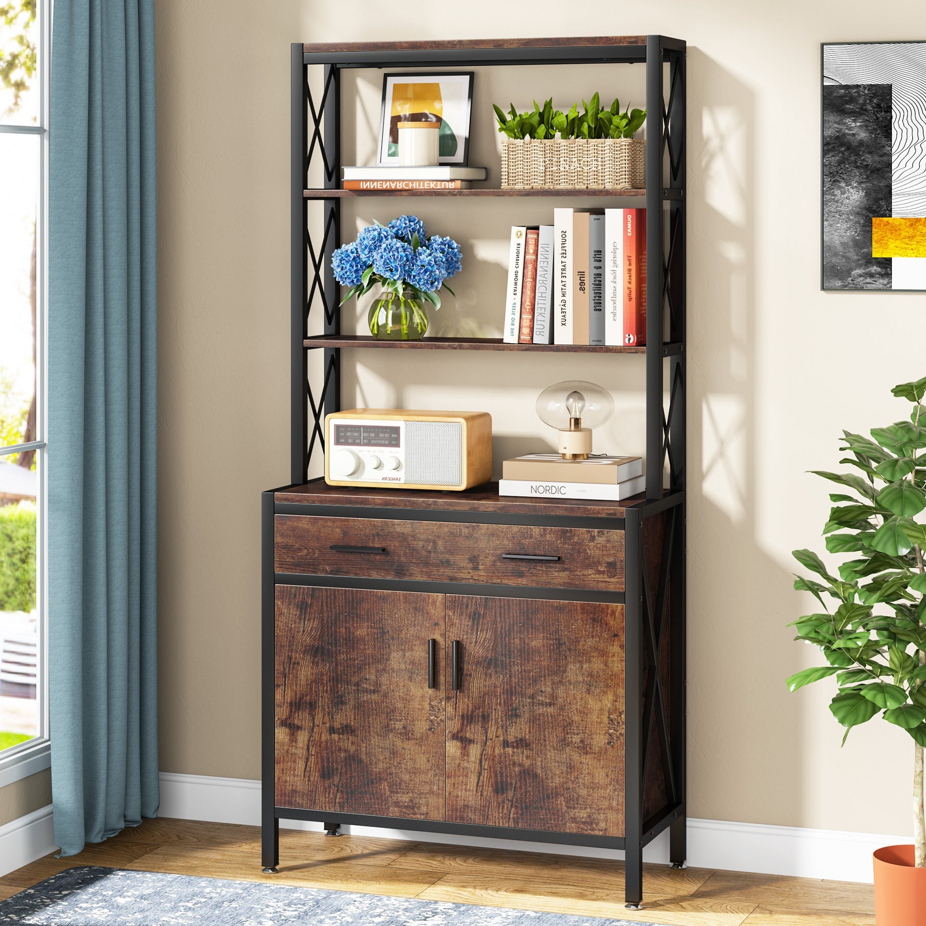 Industrial Bookshelf, 4-Tier Etagere Bookcase with Drawer & Cabinet (cm)