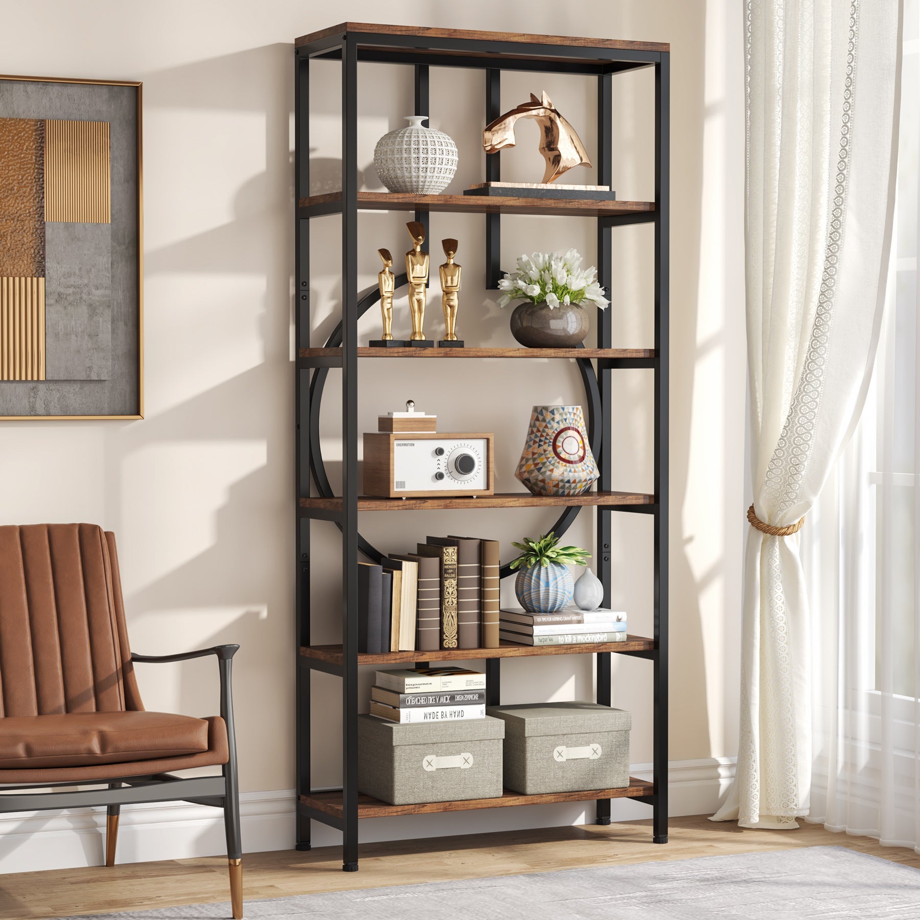 6-Tier Bookshelf, 180 cm Industrial Bookcase Display Shelf