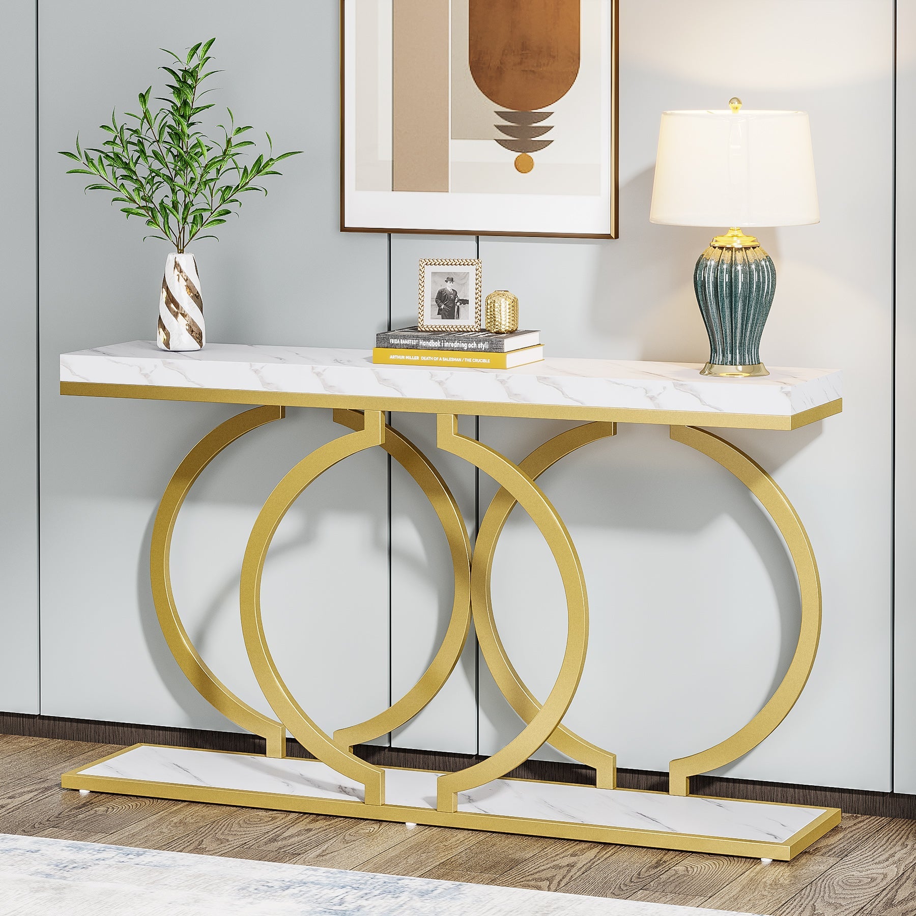 140 cm Console Table, Narrow Entryway Sofa Table with Geometric Metal Frame