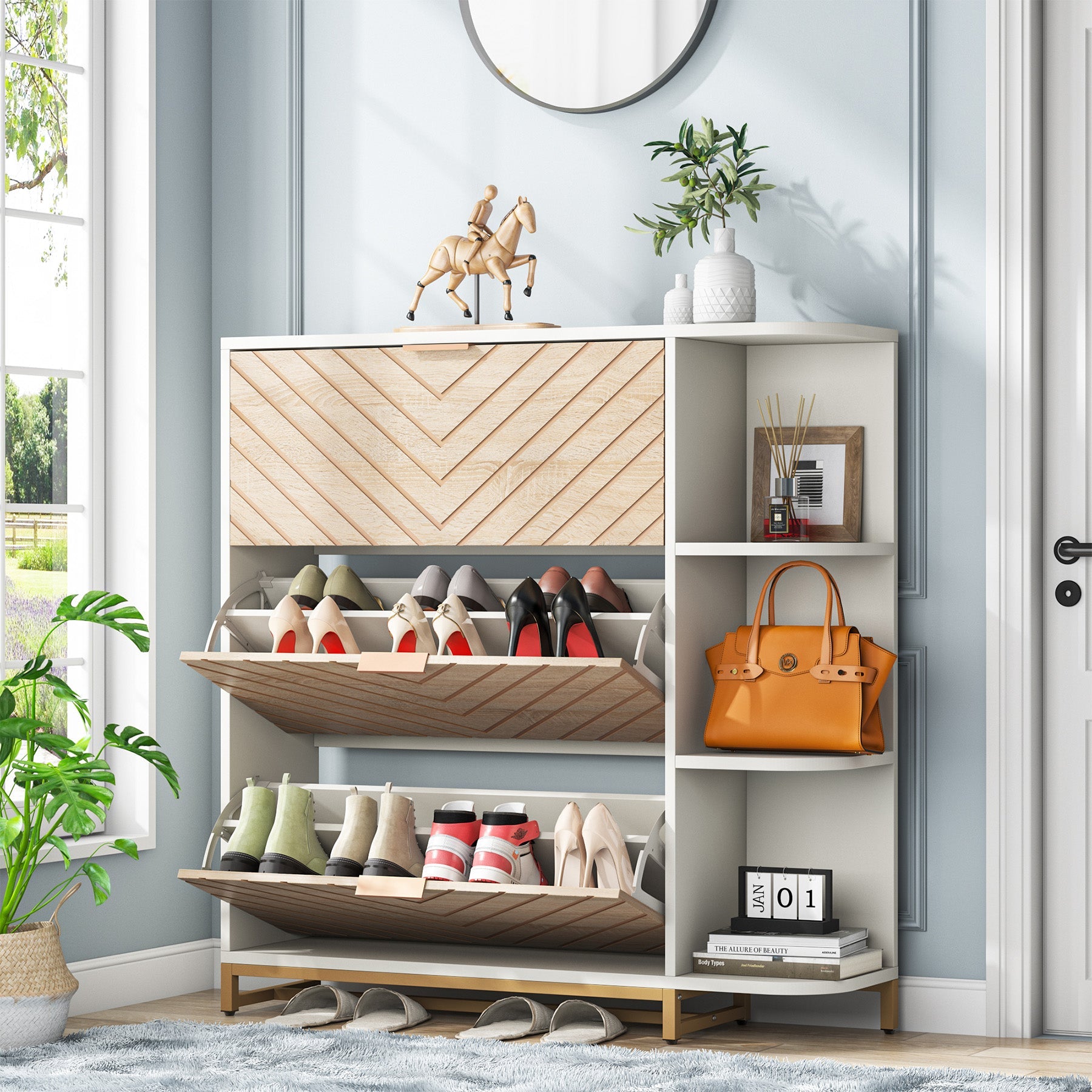 Modern Shoe Cabinet, Shoe Organizer with 3 Flip Drawers & Open Shelves (in cm)