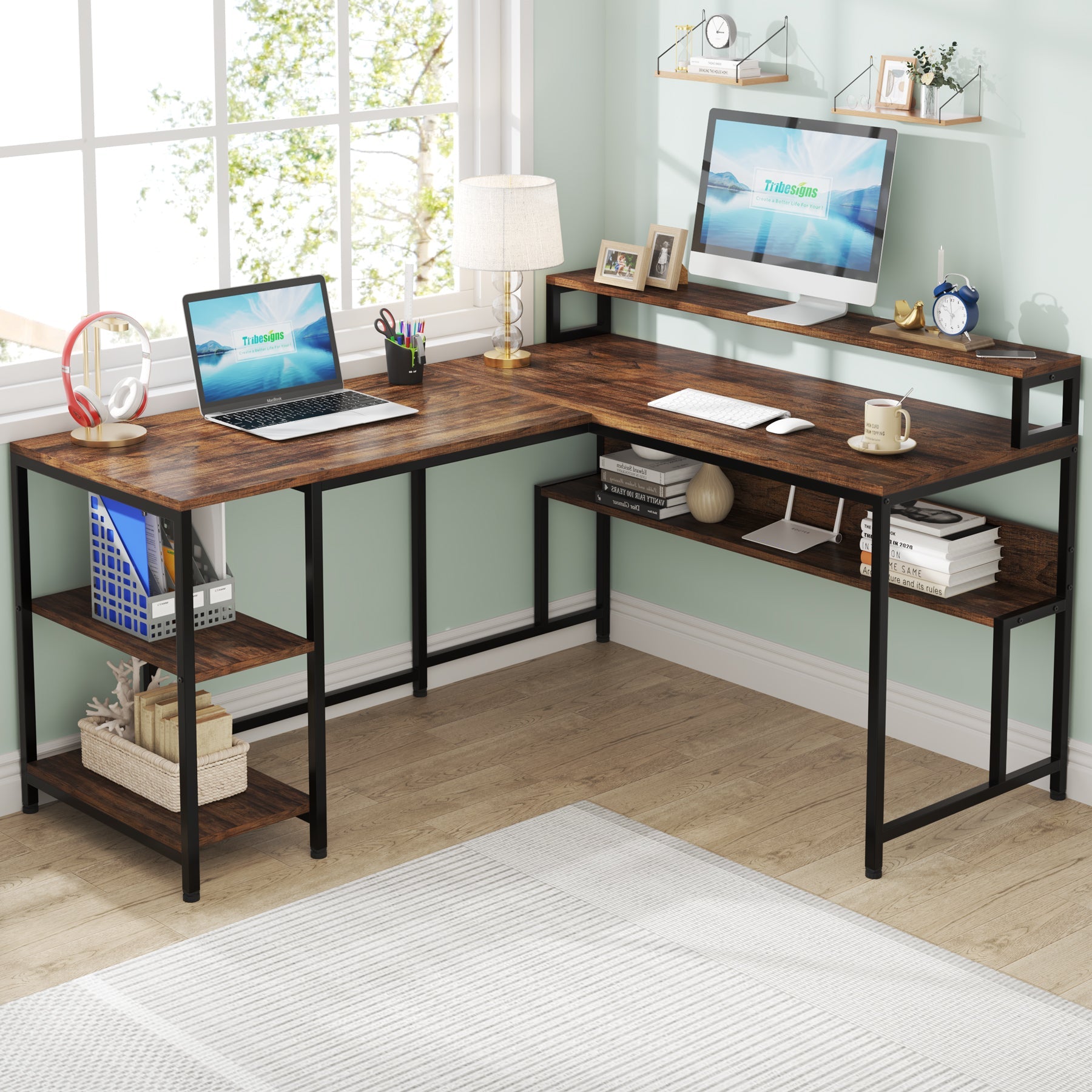 Reversible L-Shaped Desk, 150 cm Corner Desk with Shelves & Monitor Stand