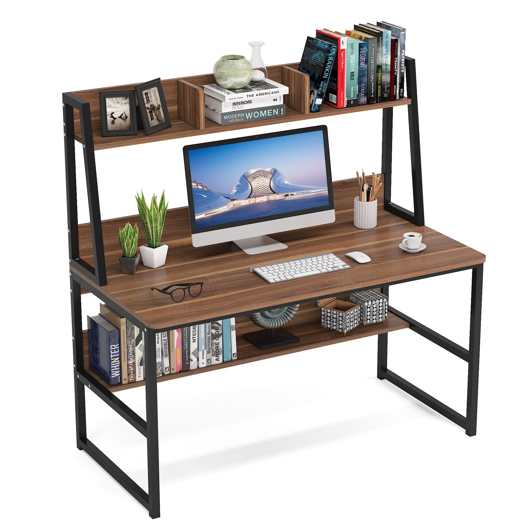 119 cm Computer Desk, Heavy Duty Writing Desk with Hutch & Bookshelf