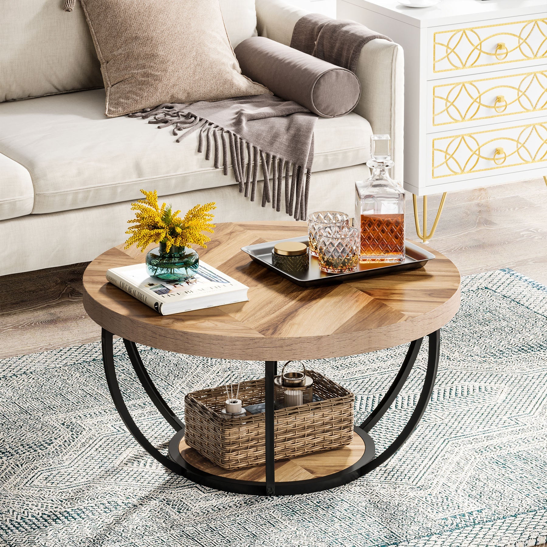 Wooden Coffee Table, 2-Tier Round Central Cocktail Table with Shelves (cm)