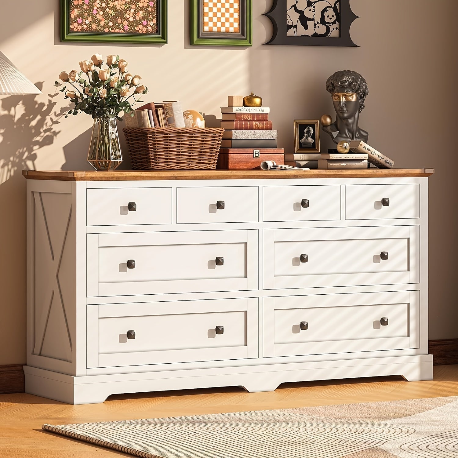 8 Wooden Drawers Dresser For Bedroom, 138cm Double Dresser TV Stand, Chest Of Drawers Large Storage Capacity For Living Room, Entryway, Antique White