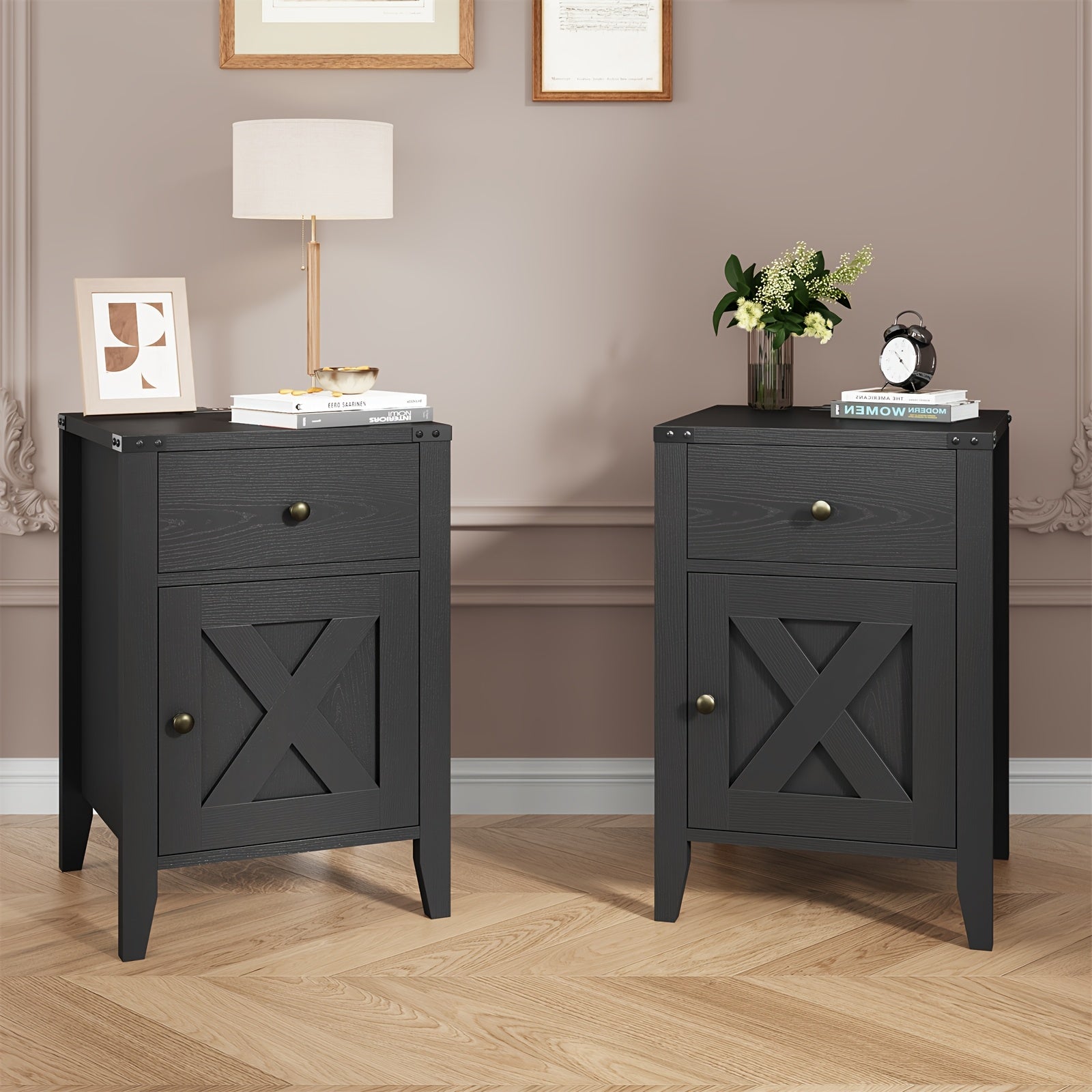 Charming Grey Farmhouse Nightstand with Power Outlets & USB Ports - Sleek Bedside Table with Drawer & Cabinet, Metal Handles, for Cozy Bedroom or Living Room Decor