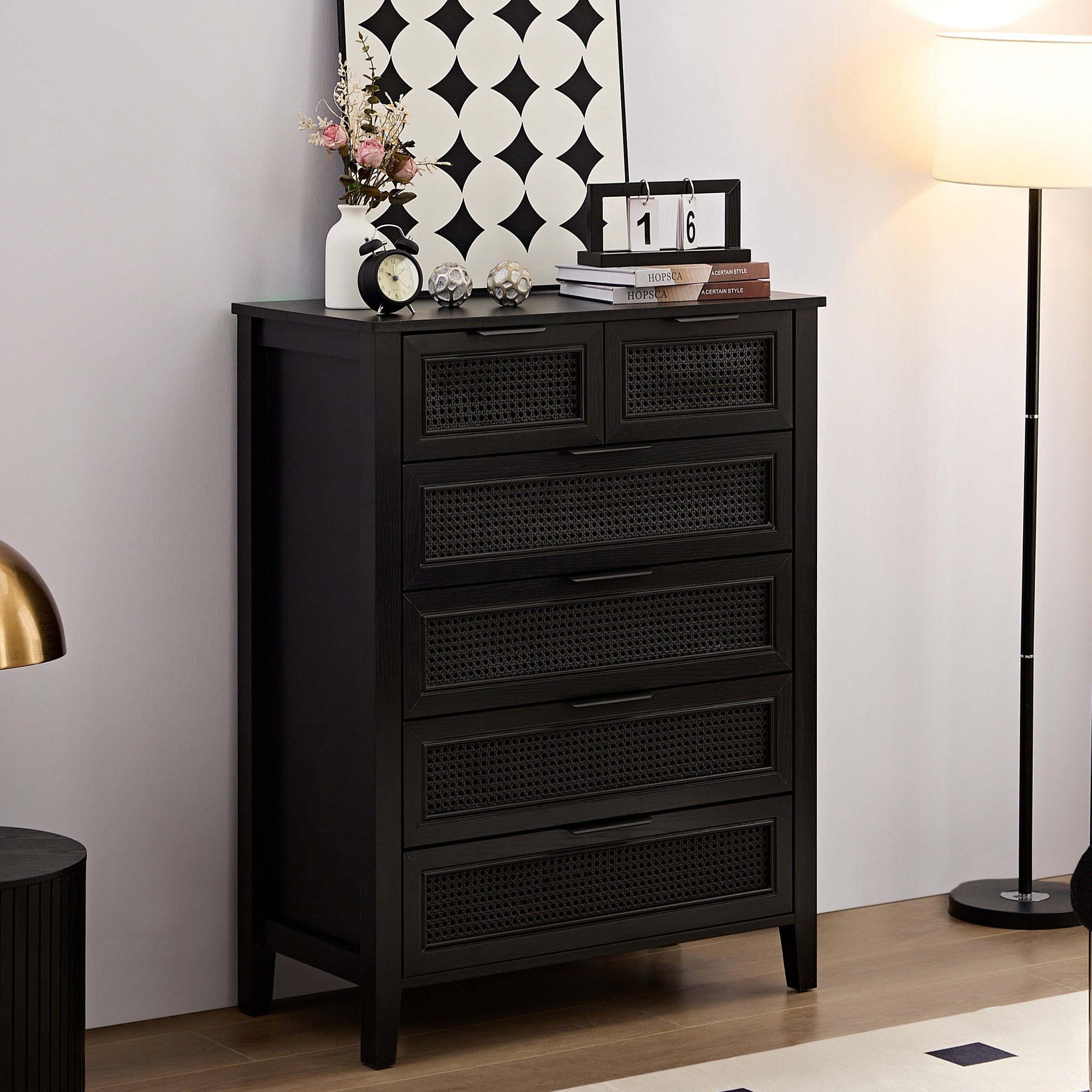 Black 6 Drawers Dresser, Dressing Table For Bedroom, Rattan Dresser For Household Storage And Organizing Tools, Tall Storage Cabinet For Studio, 6 Chest Of Drawers Cabinet For Living Room, Hallway