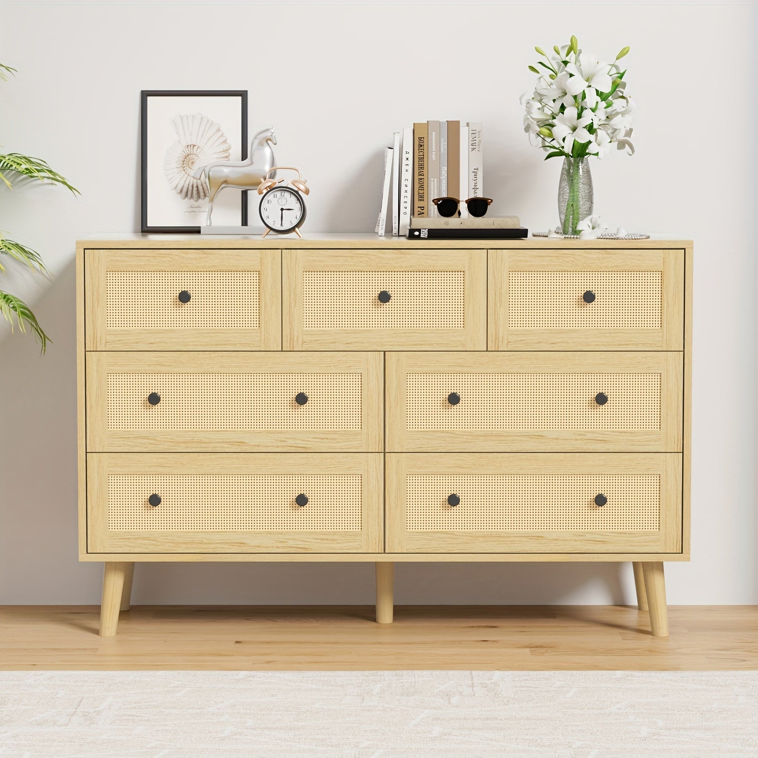 Rattan 7 Drawer Dresser For Bedroom, Wood Boho Double Chest Of Drawers With Storage And Gold Handle