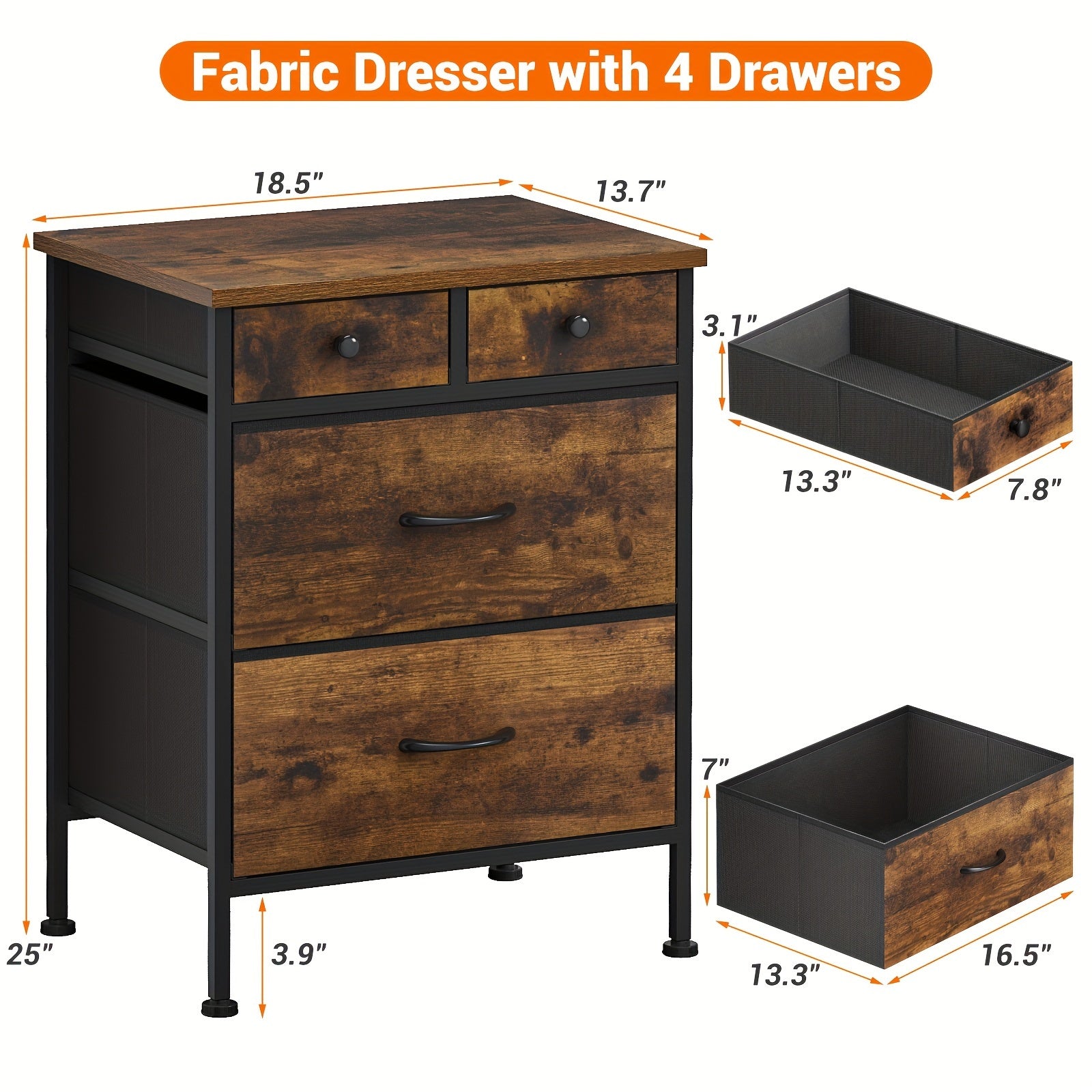 Bedside Table with 4 Drawers Small Storage Cabinet Suitable for Bedroom, Living Room, Coffee Table Side Table Retro Brown Bedside Table