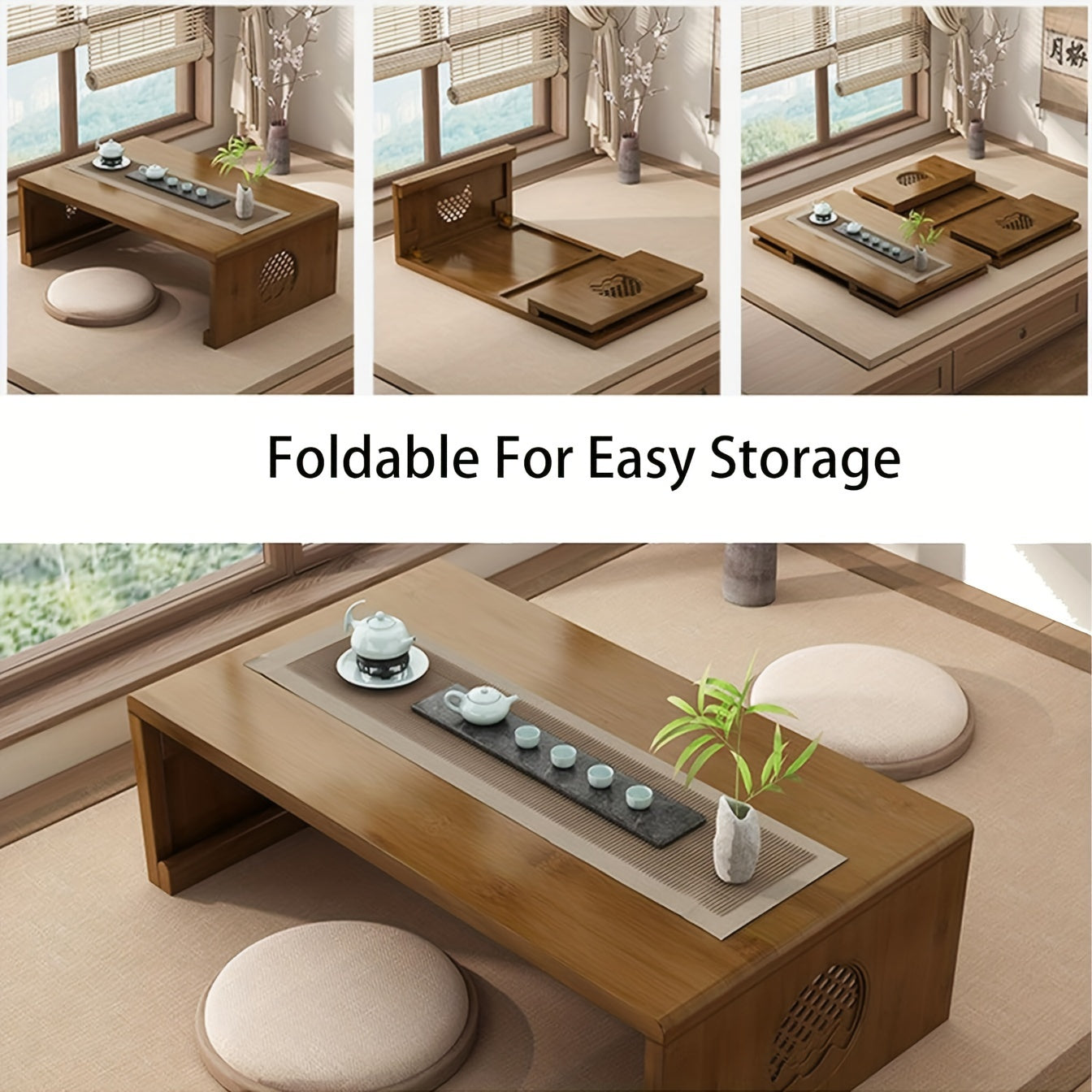 Japanese Folding Coffee Table Foldable Floor Table Bamboo Low Table For Living Room, Dining Room, Tea, Tatami, Home Decoration