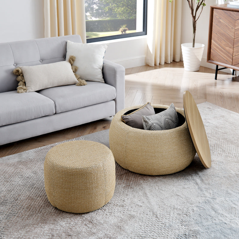 Round Storage Ottoman Woven rattan fabric Ottoman 2 in 1 Function Work as End table and Ottoman with small seat-nature 25"x25"x14.7"