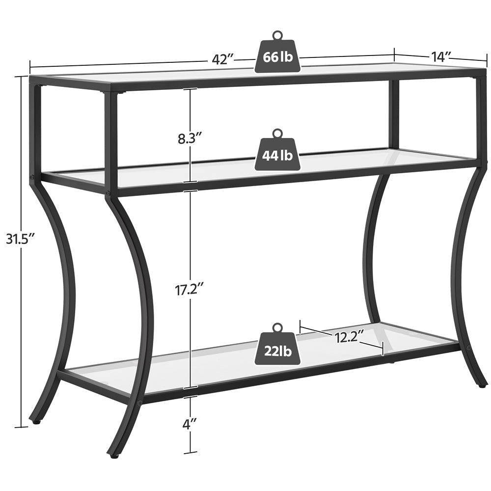 107 cm 3-Tier Tempered Glass Console Table, Modern Glass Sofa Table, Entryway Table with Lower Shelf, Black