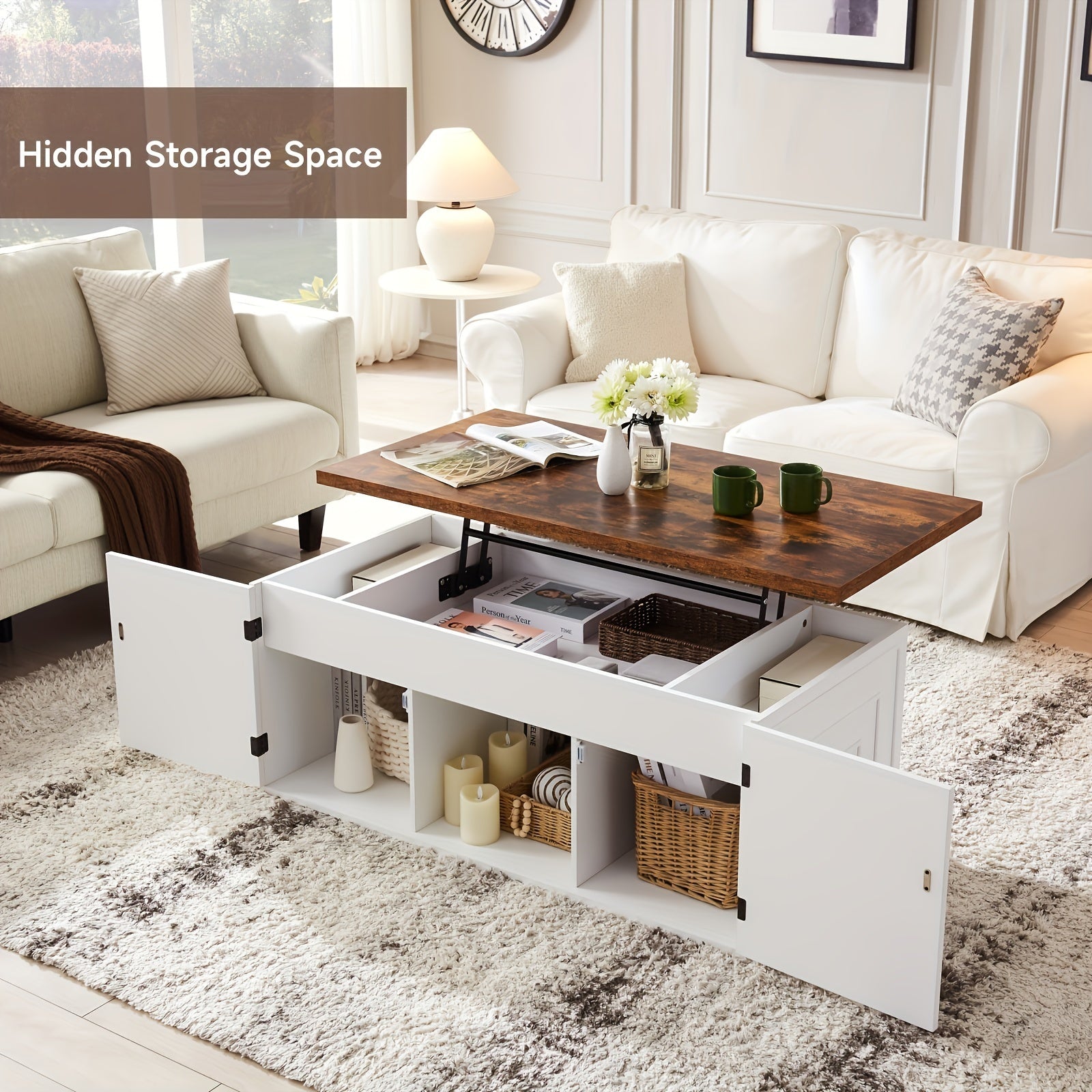 Coffee Table With Storage, 122cm Square Coffee Table For Living Room, And White Lift Top Coffee Table Suitable For Work And Drinking, Rustic Brown