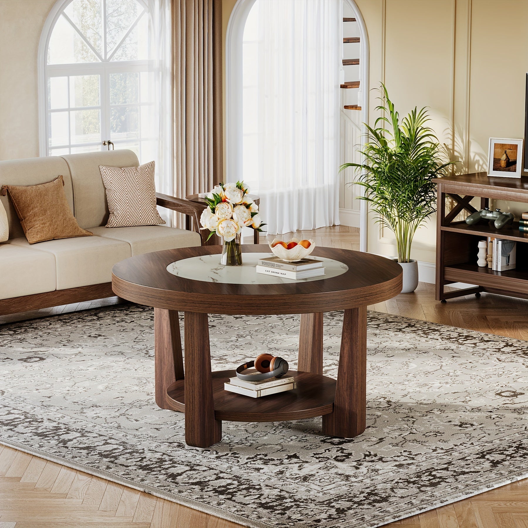 Vintage-Style 2-Tier Round Wood Coffee Table With Storage, Brown And White Accent Centerpiece For Living Room