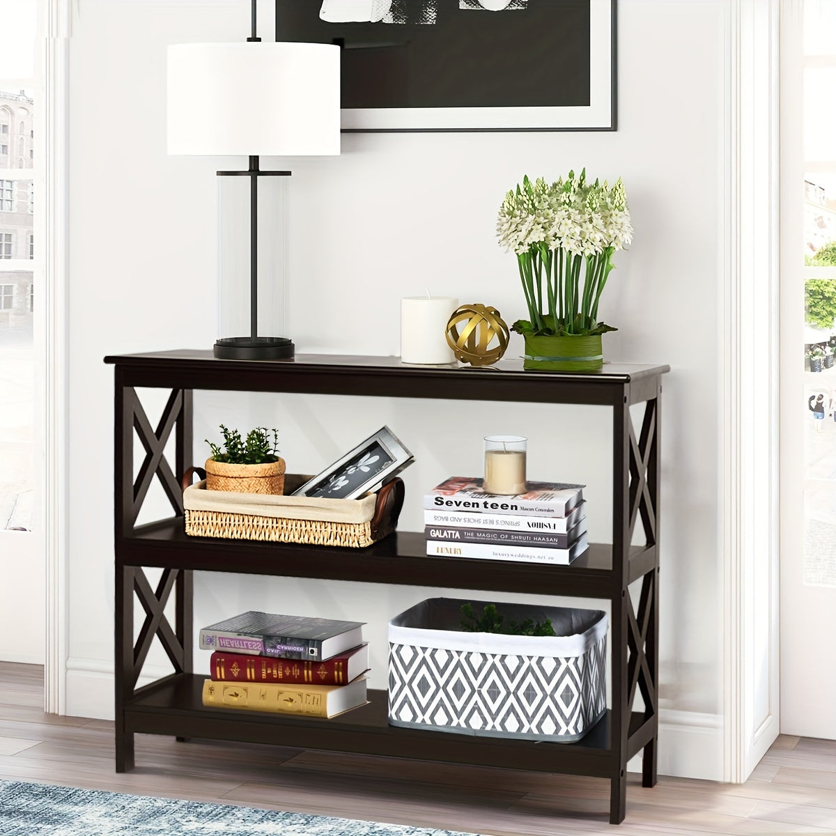 3-Tier Console Table X-Design Bookshelf Sofa Side Accent Table w/Shelf Espresso (76.2 cm)